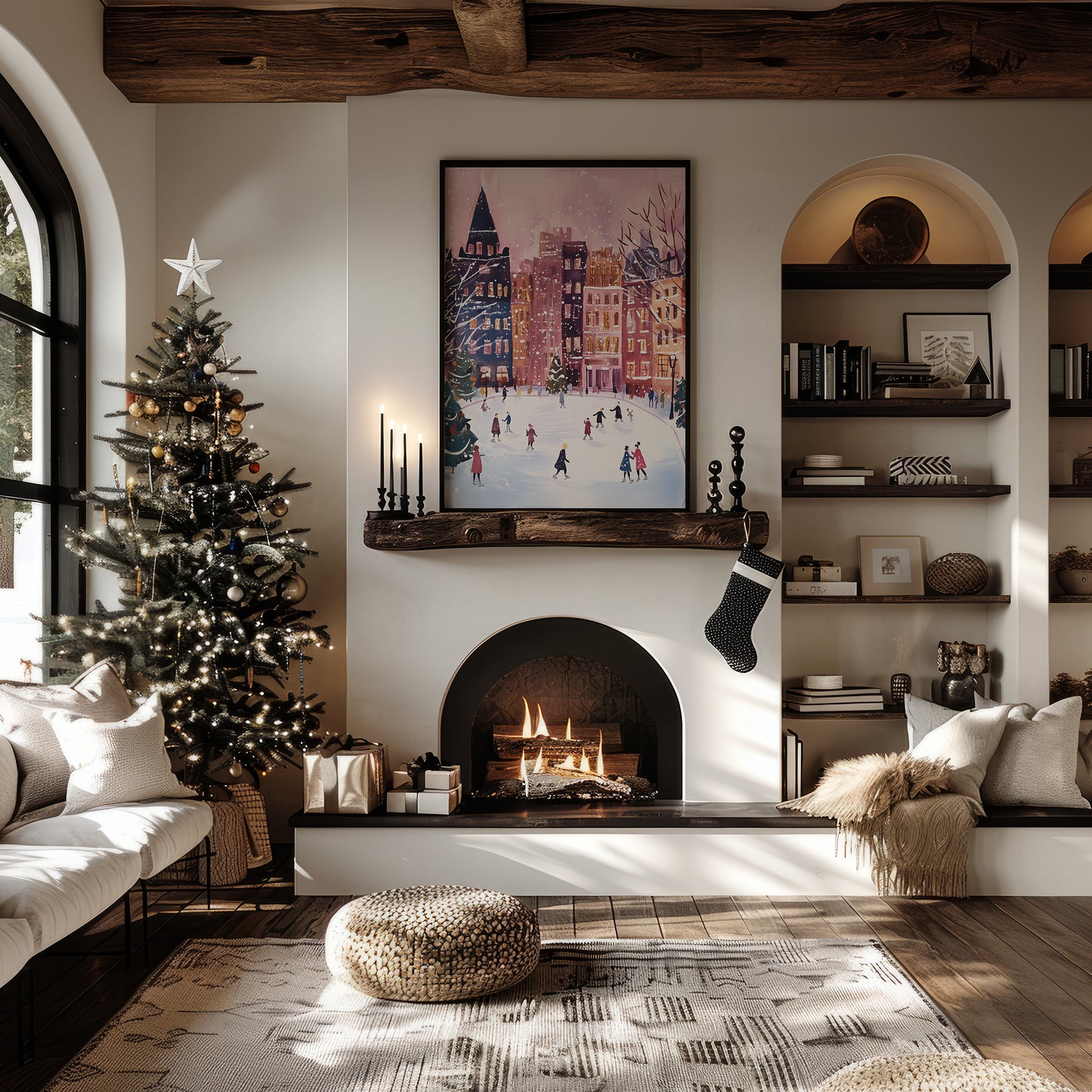 Whimsical Ice Skating in the City Center Winter Scene Matte Vertical Poster Art Print