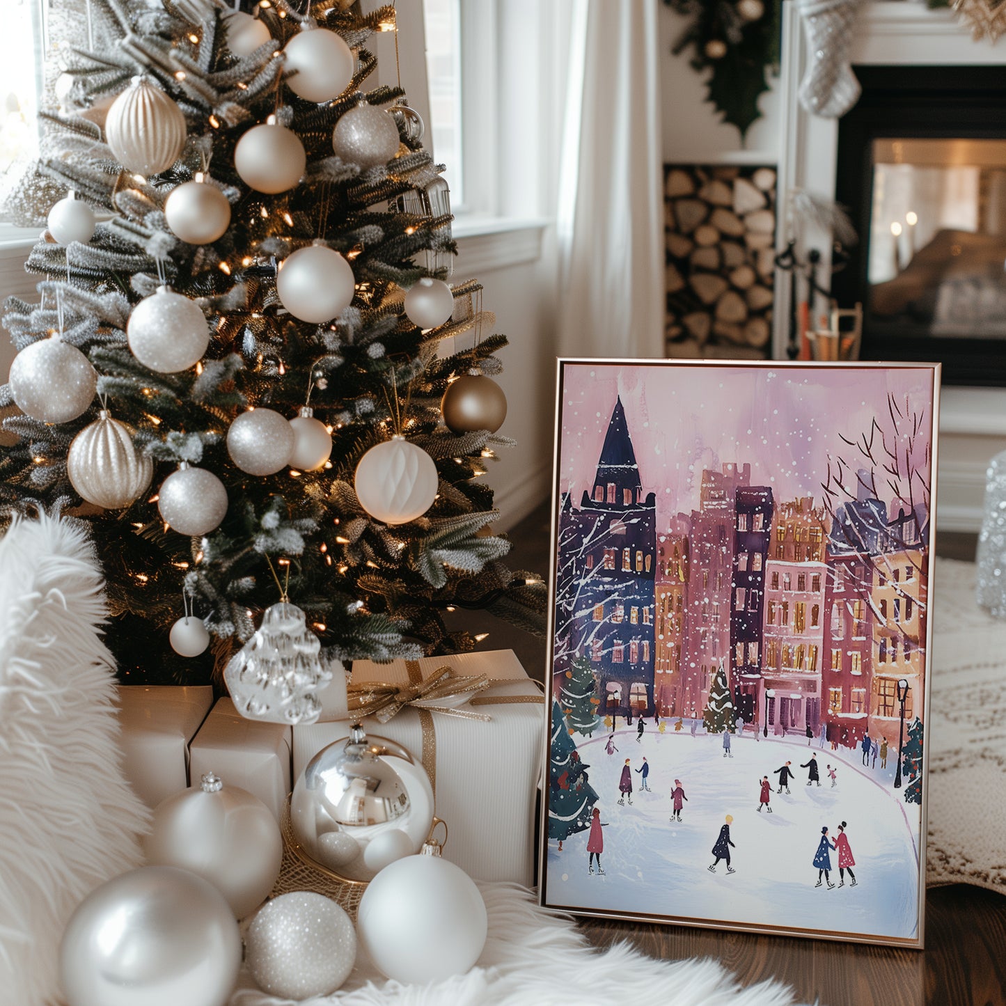 Whimsical Ice Skating in the City Center Winter Scene Matte Vertical Poster Art Print
