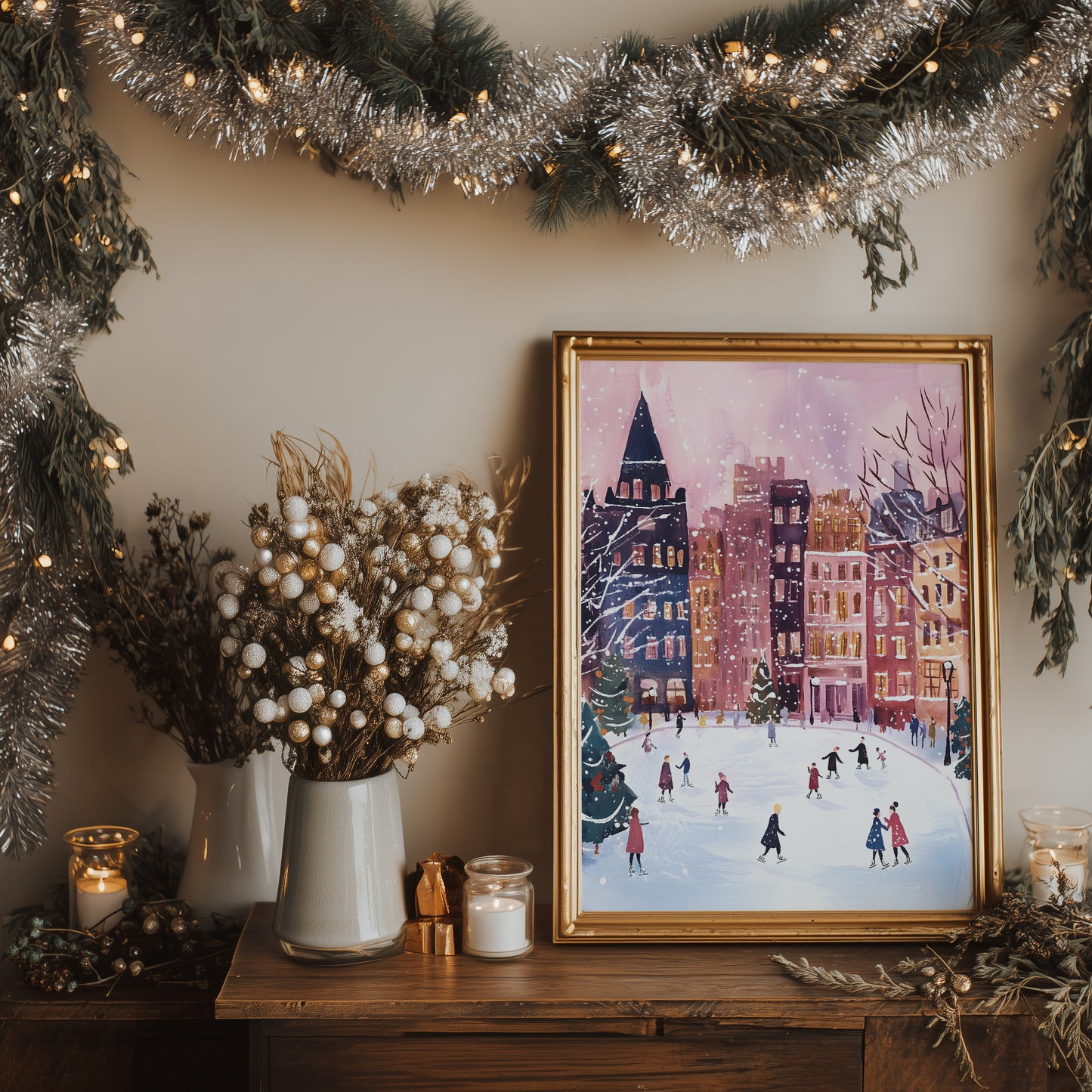 Whimsical Ice Skating in the City Center Winter Scene Matte Vertical Poster Art Print