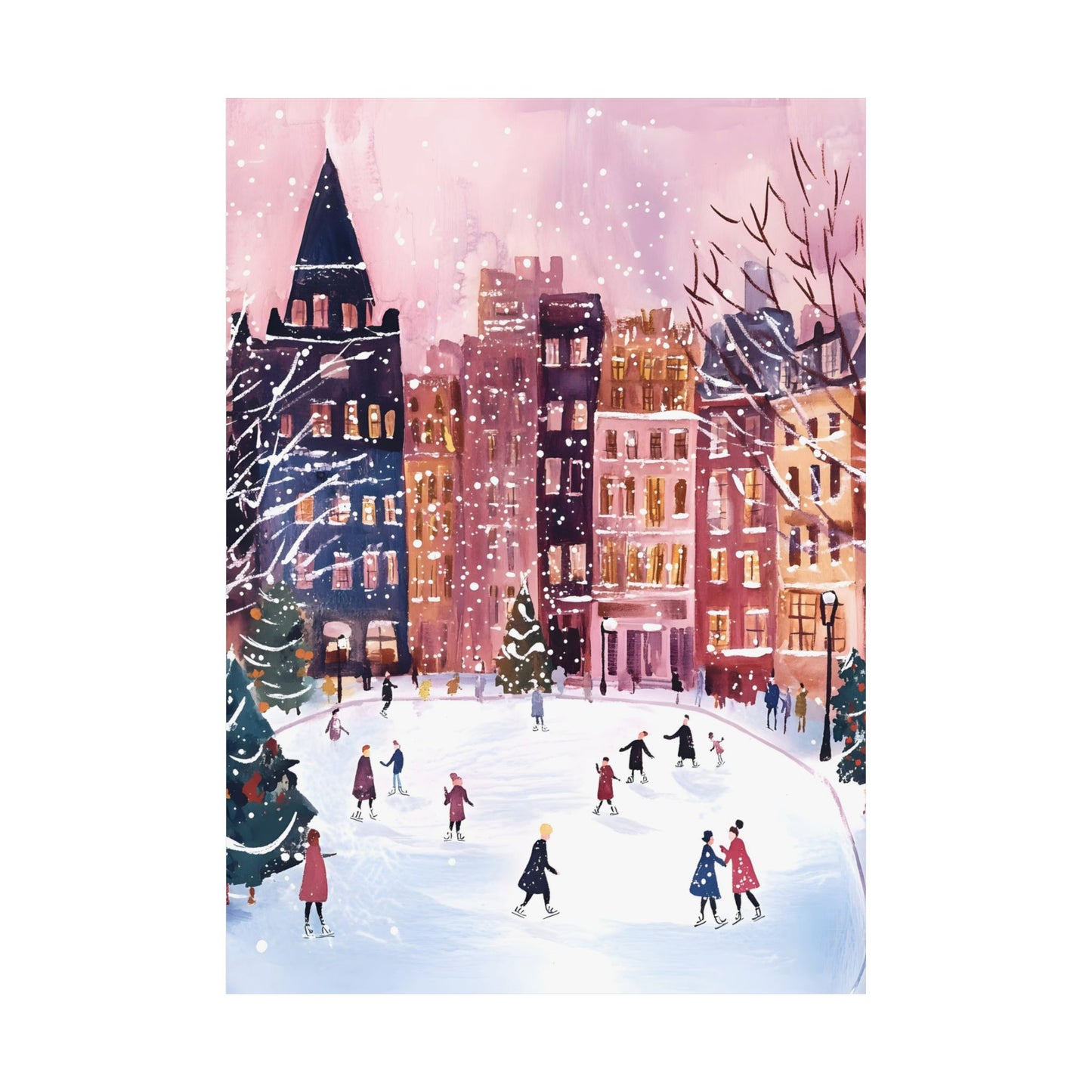Whimsical Ice Skating in the City Center Winter Scene Matte Vertical Poster Art Print