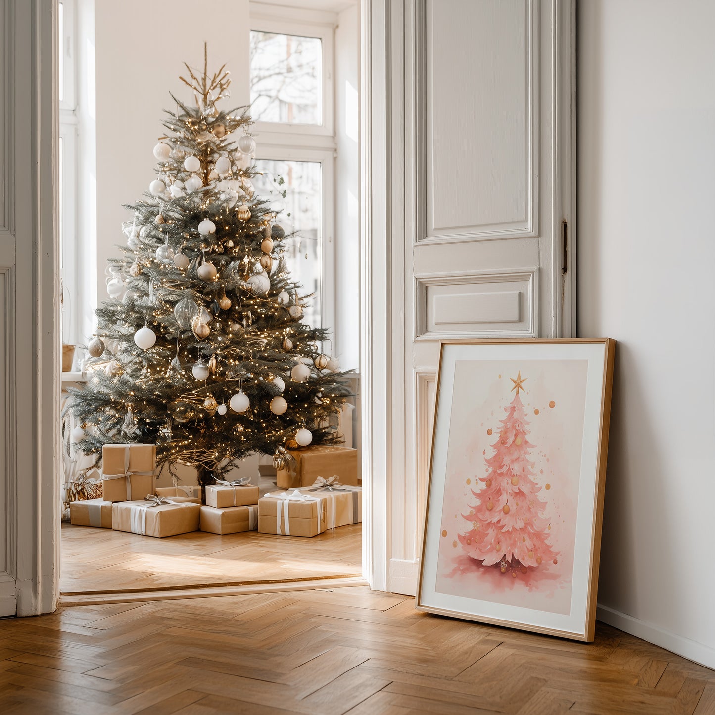 Pink and Gold Whimsical Christmas Tree Matte Vertical Poster Art Print