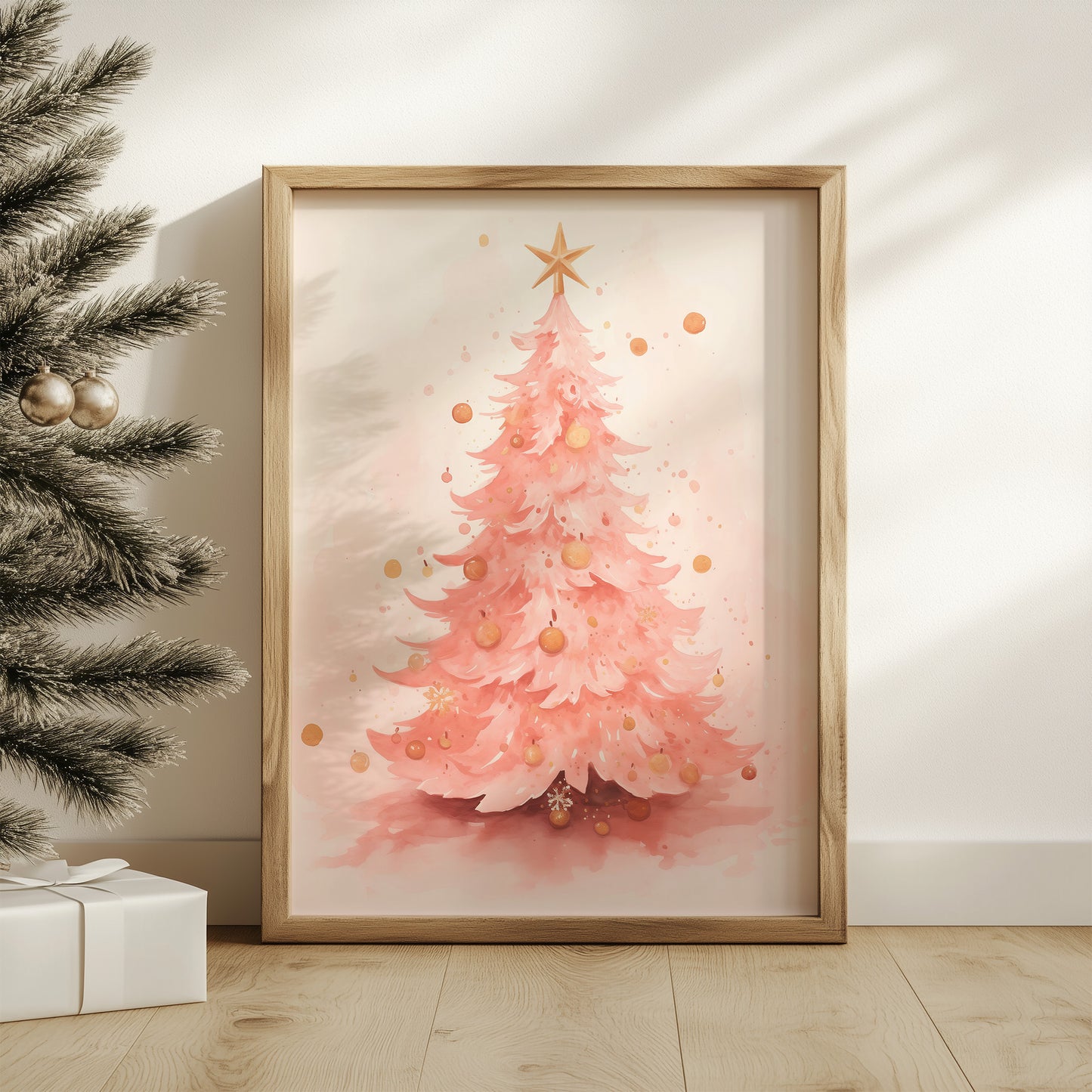 Pink and Gold Whimsical Christmas Tree Matte Vertical Poster Art Print