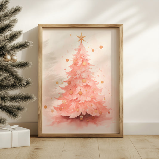 Pink and Gold Whimsical Christmas Tree Matte Vertical Poster Art Print