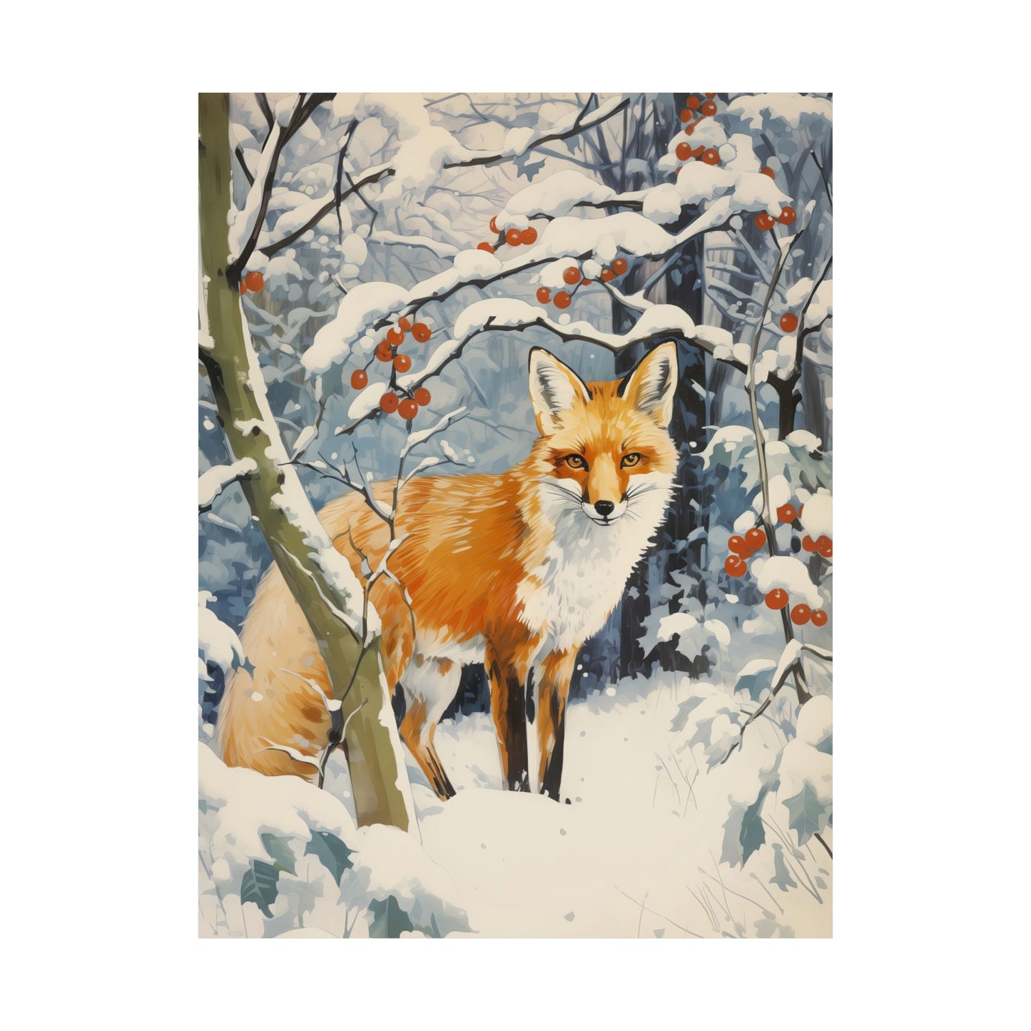 Snowy Winter Fox with Red Berries Matte Vertical Poster Art Print