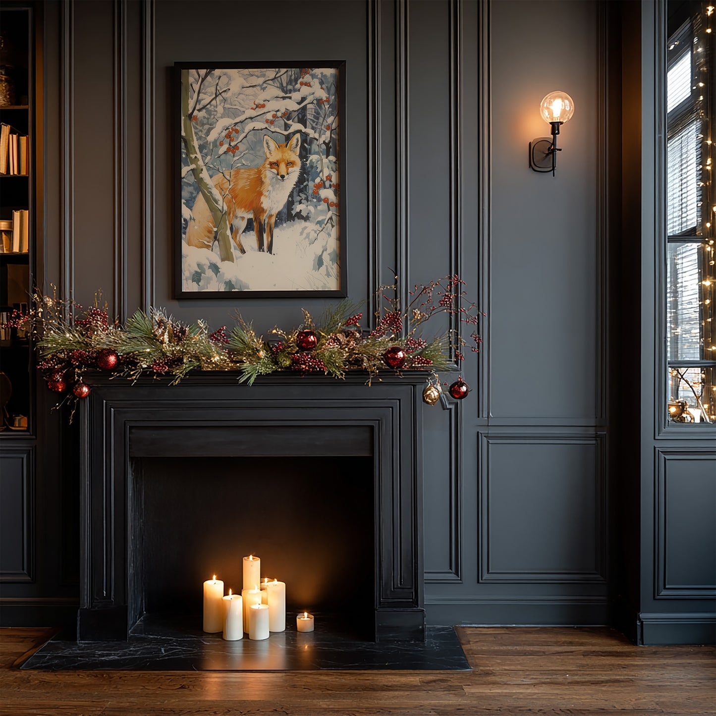 Snowy Winter Fox with Red Berries Matte Vertical Poster Art Print