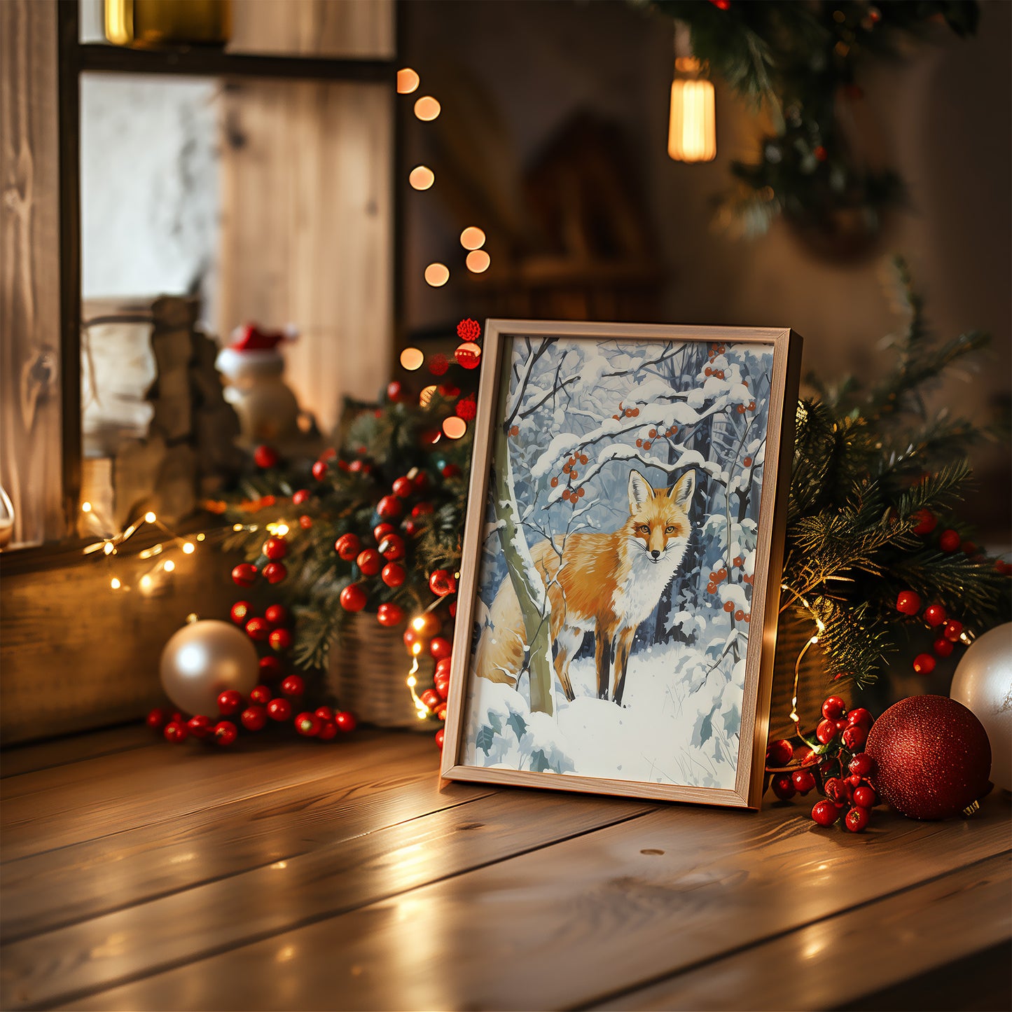 Snowy Winter Fox with Red Berries Matte Vertical Poster Art Print
