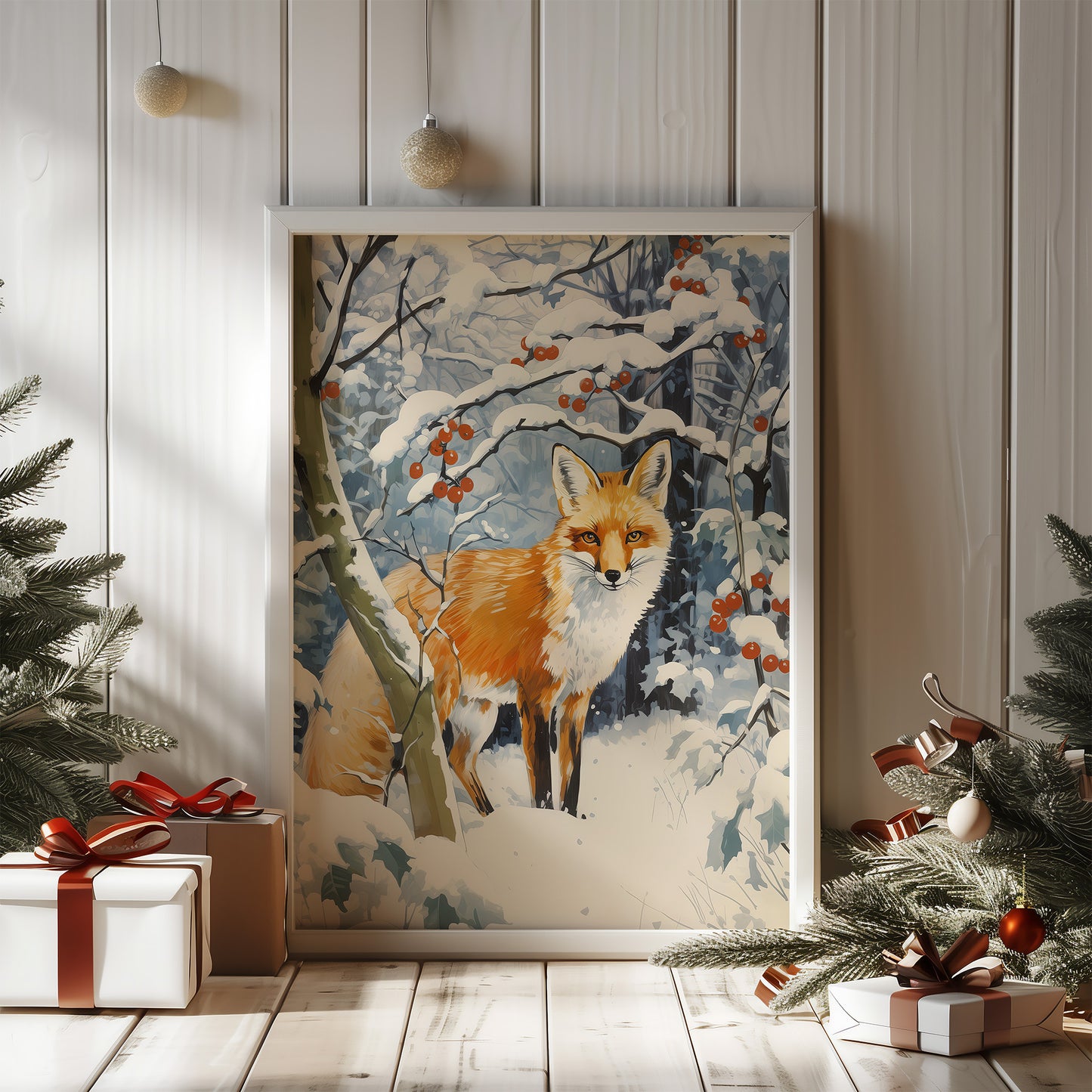 Snowy Winter Fox with Red Berries Matte Vertical Poster Art Print