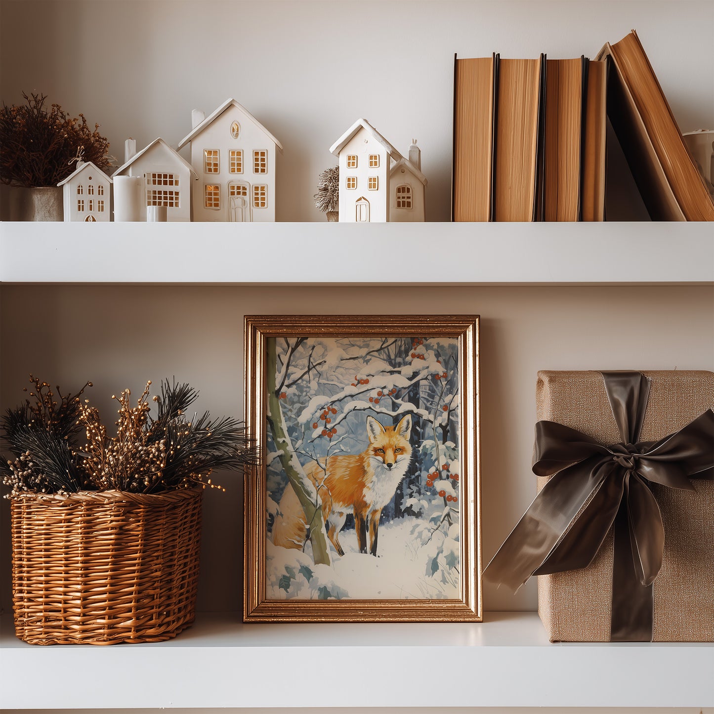 Snowy Winter Fox with Red Berries Matte Vertical Poster Art Print