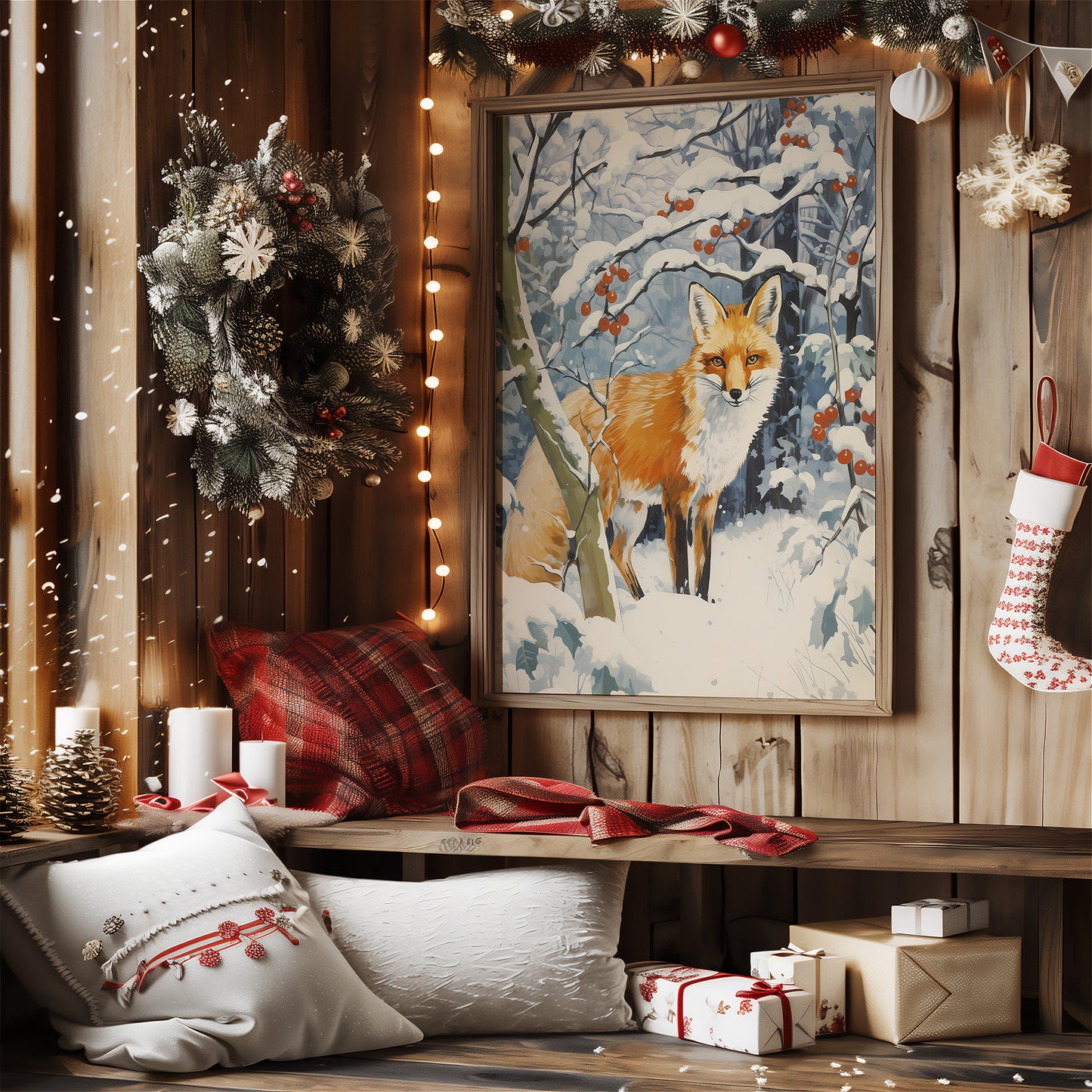 Snowy Winter Fox with Red Berries Matte Vertical Poster Art Print
