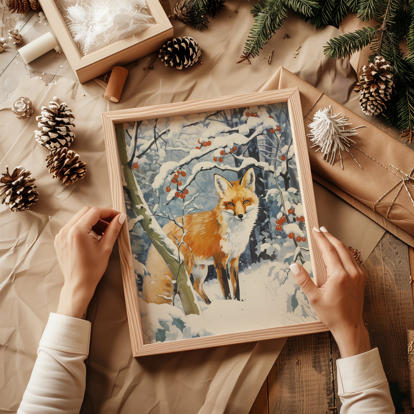 Snowy Winter Fox with Red Berries Matte Vertical Poster Art Print