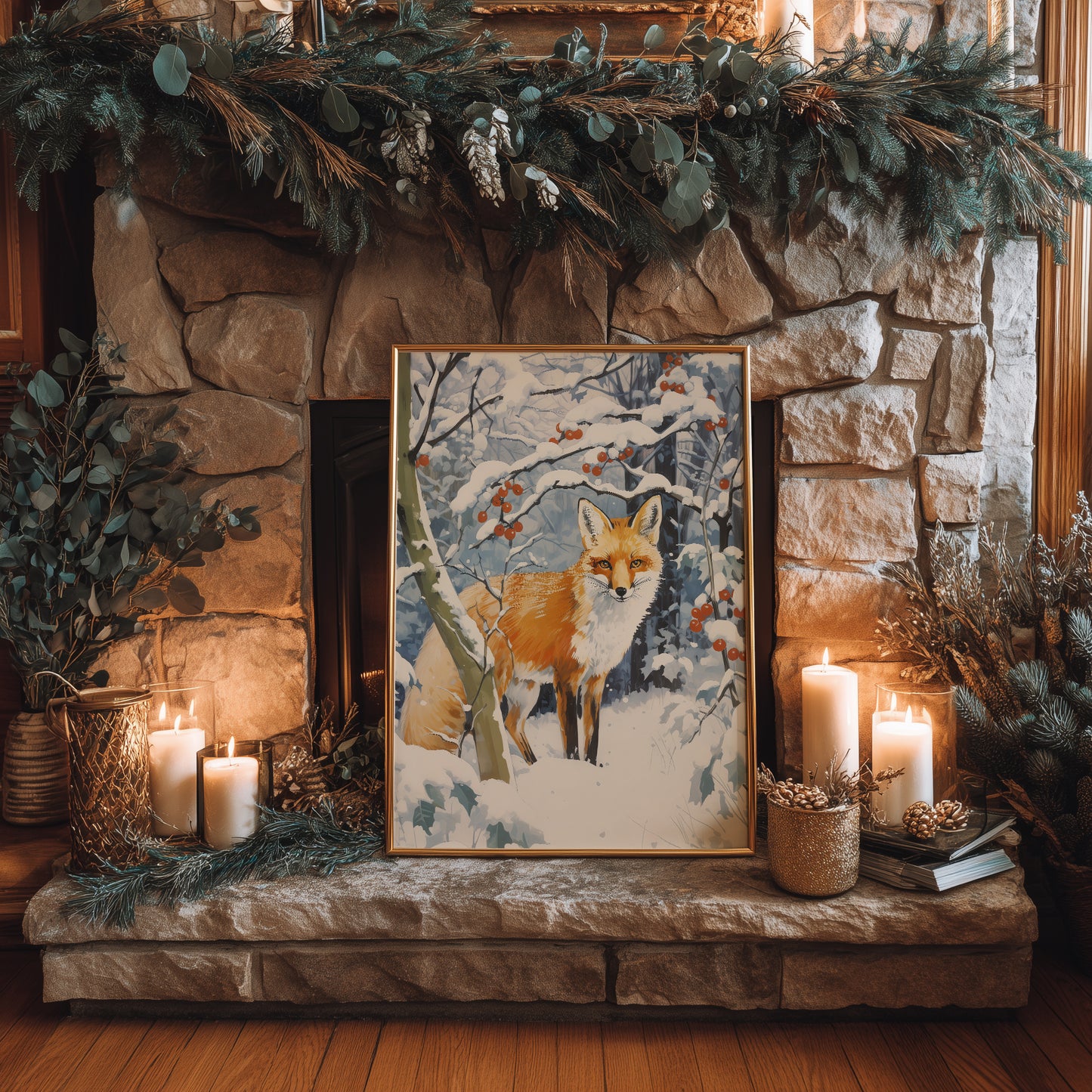 Snowy Winter Fox with Red Berries Matte Vertical Poster Art Print