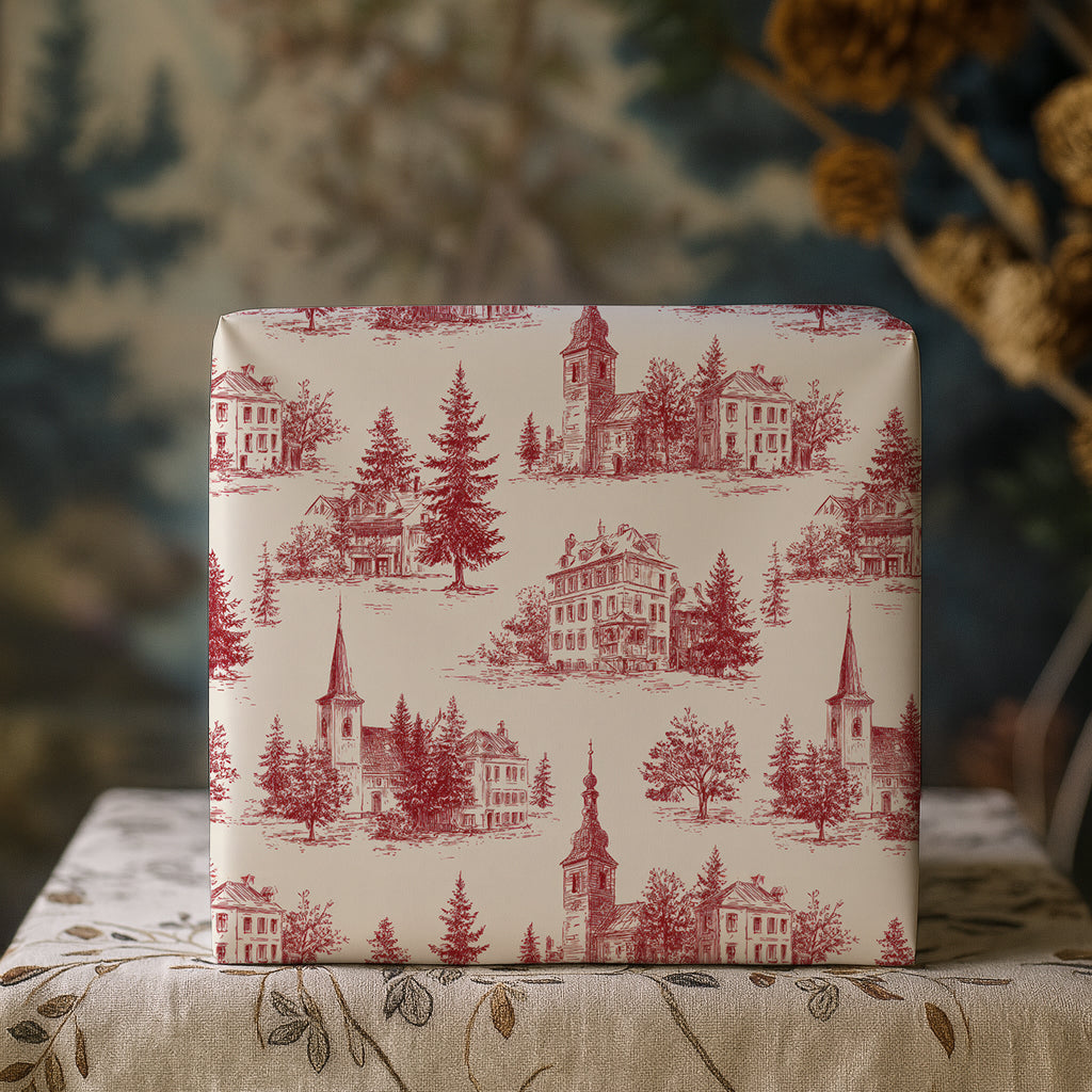 Church Steeple Red Toile Fir Tree Gift Wrapping Paper Sheets