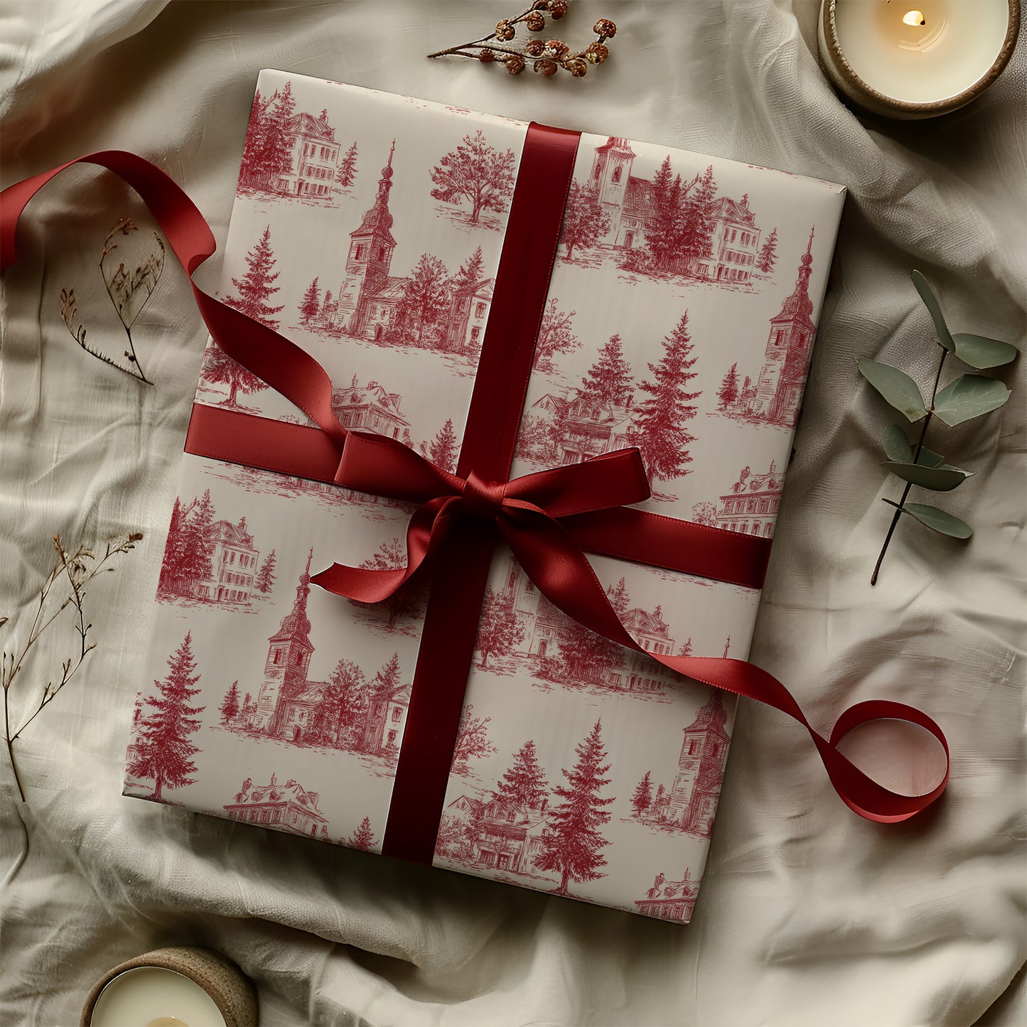 Church Steeple Red Toile Fir Tree Gift Wrapping Paper Sheets