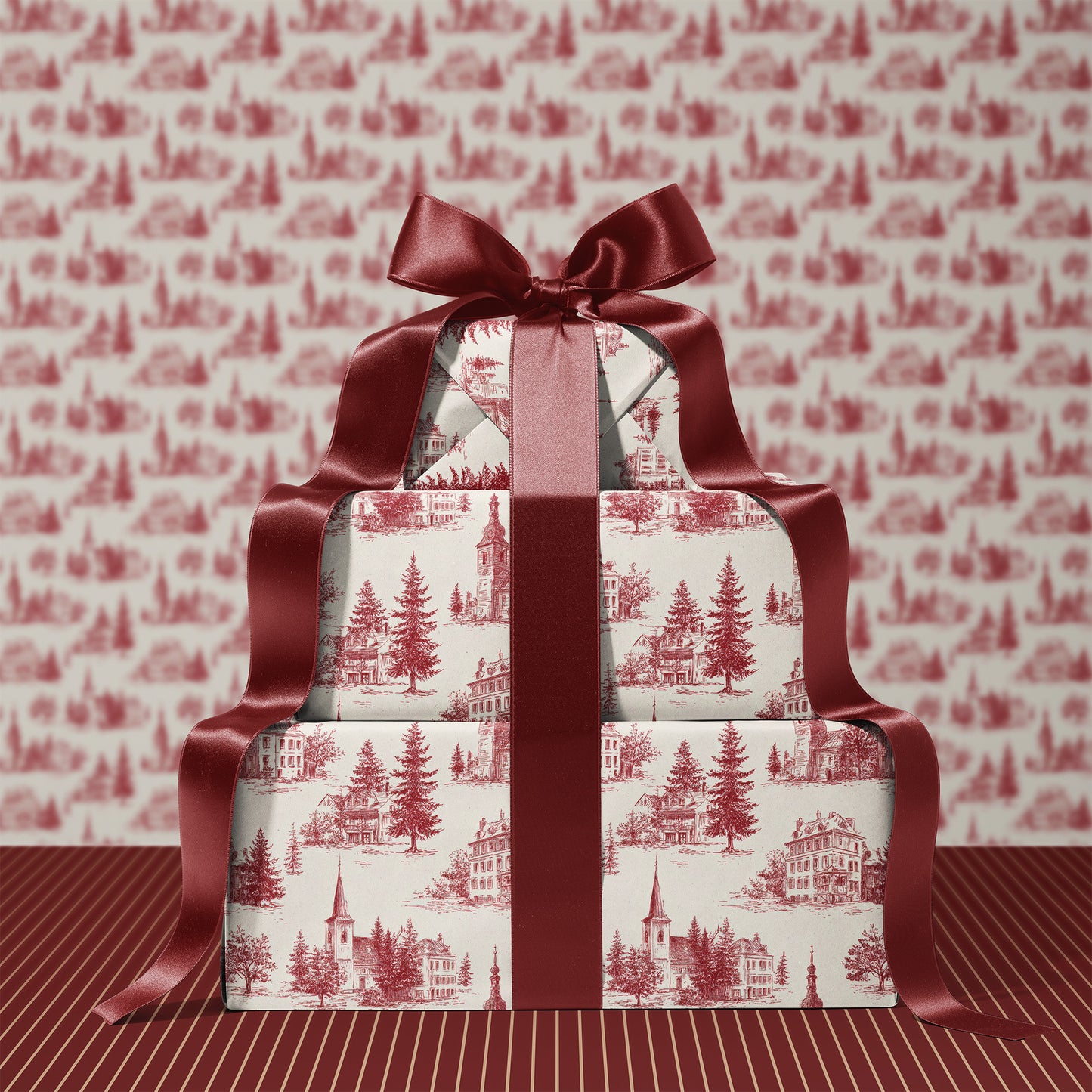 Church Steeple Red Toile Fir Tree Gift Wrapping Paper Sheets