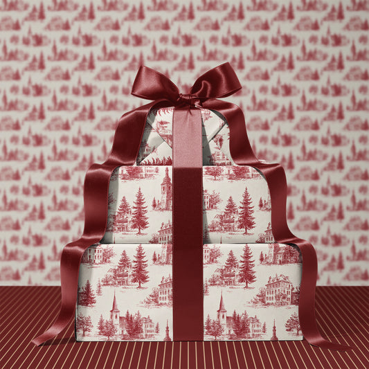 Church Steeple Red Toile Fir Tree Gift Wrapping Paper Sheets