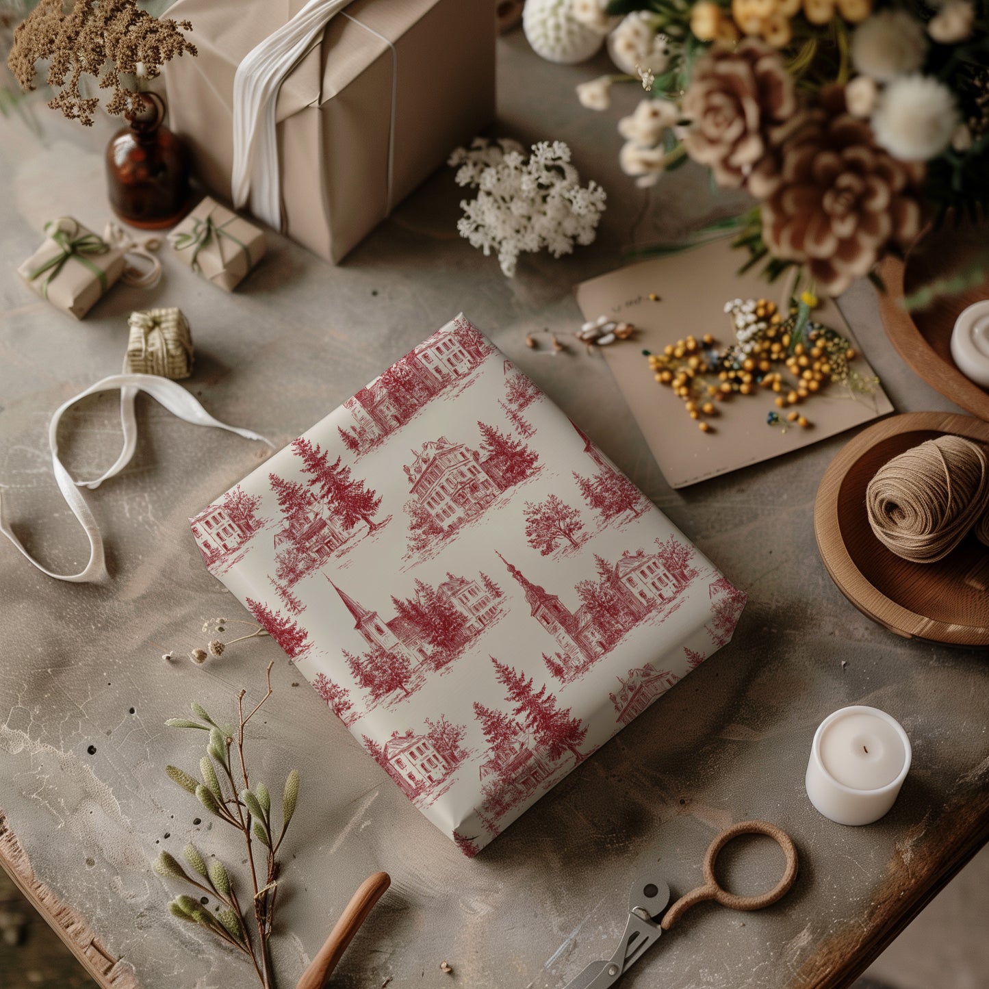 Church Steeple Red Toile Fir Tree Gift Wrapping Paper Sheets