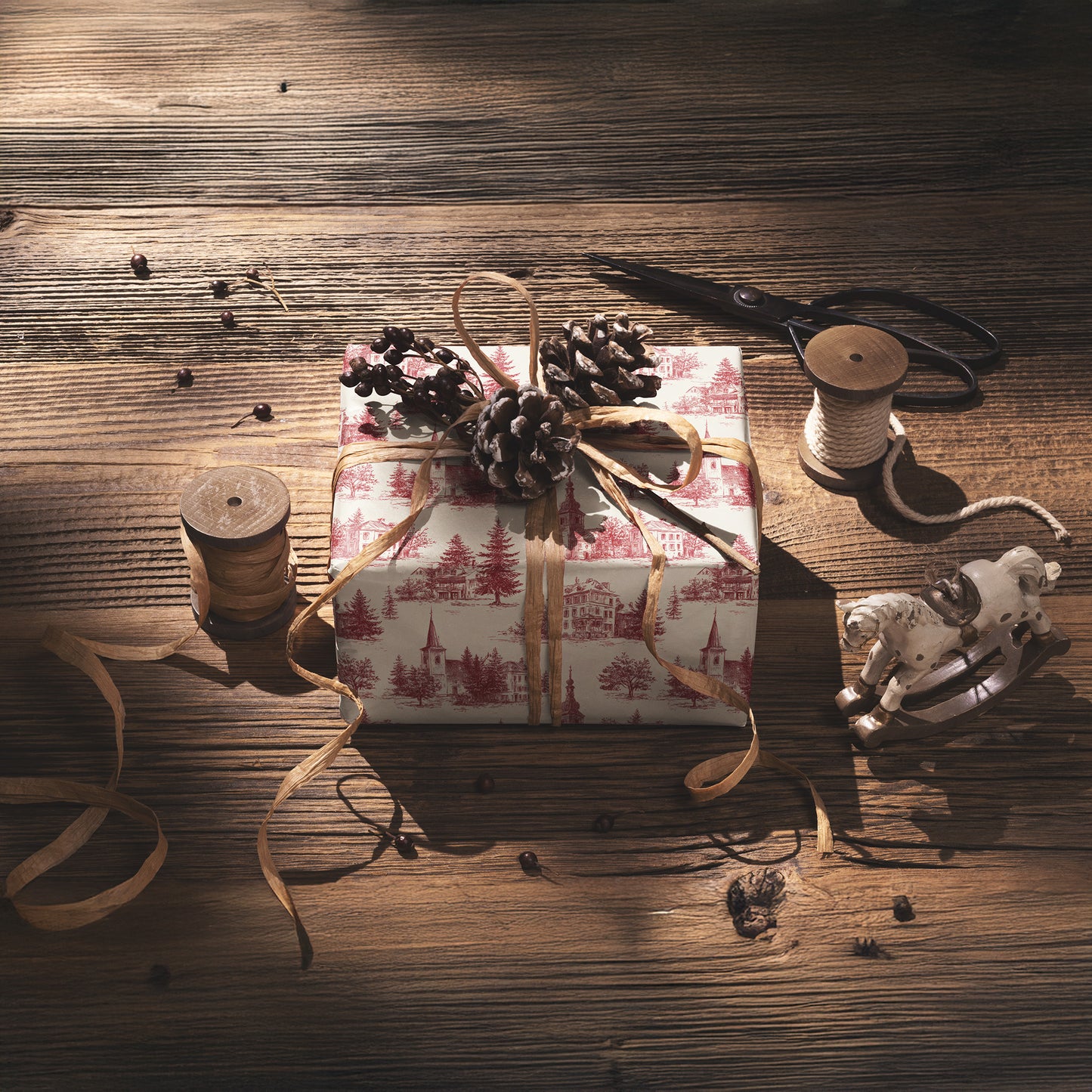 Church Steeple Red Toile Fir Tree Gift Wrapping Paper Sheets