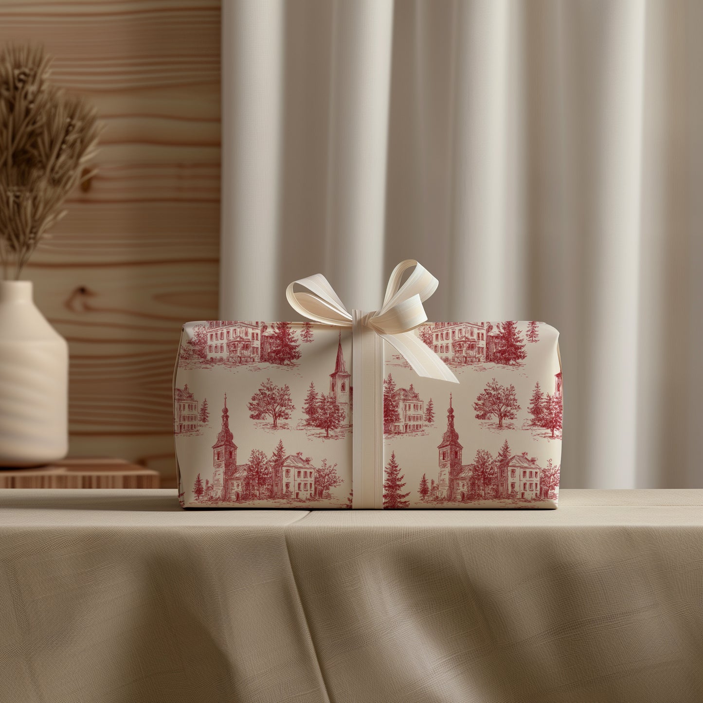 Church Steeple Red Toile Fir Tree Gift Wrapping Paper Sheets