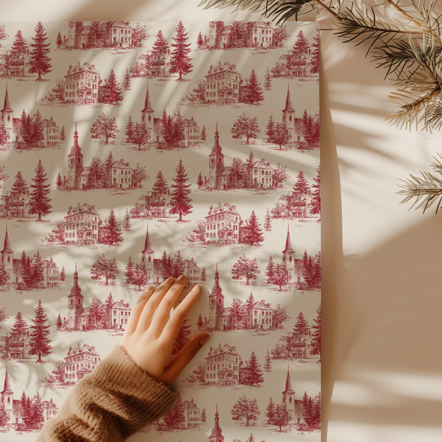 Church Steeple Red Toile Fir Tree Gift Wrapping Paper Sheets