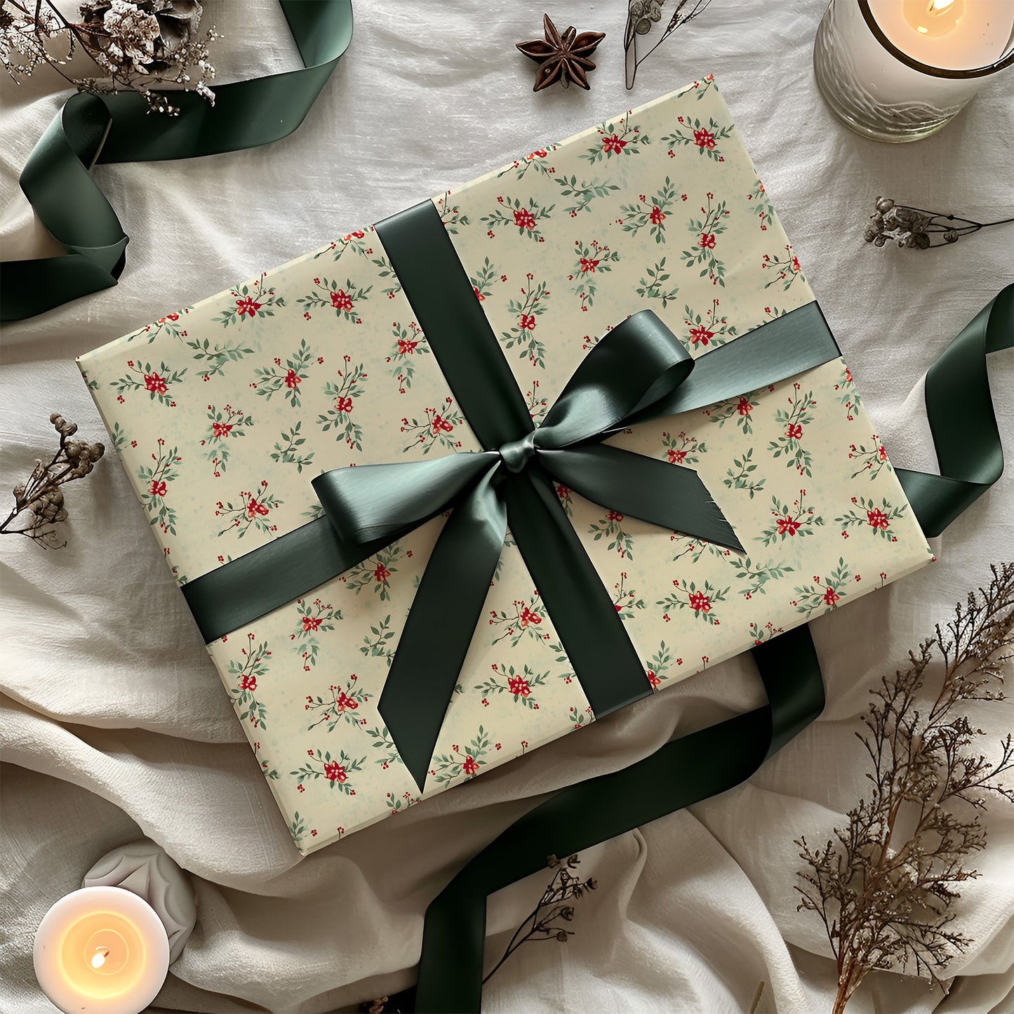 Red and Green Dainty Christmas Floral Gift Wrapping Paper Sheets