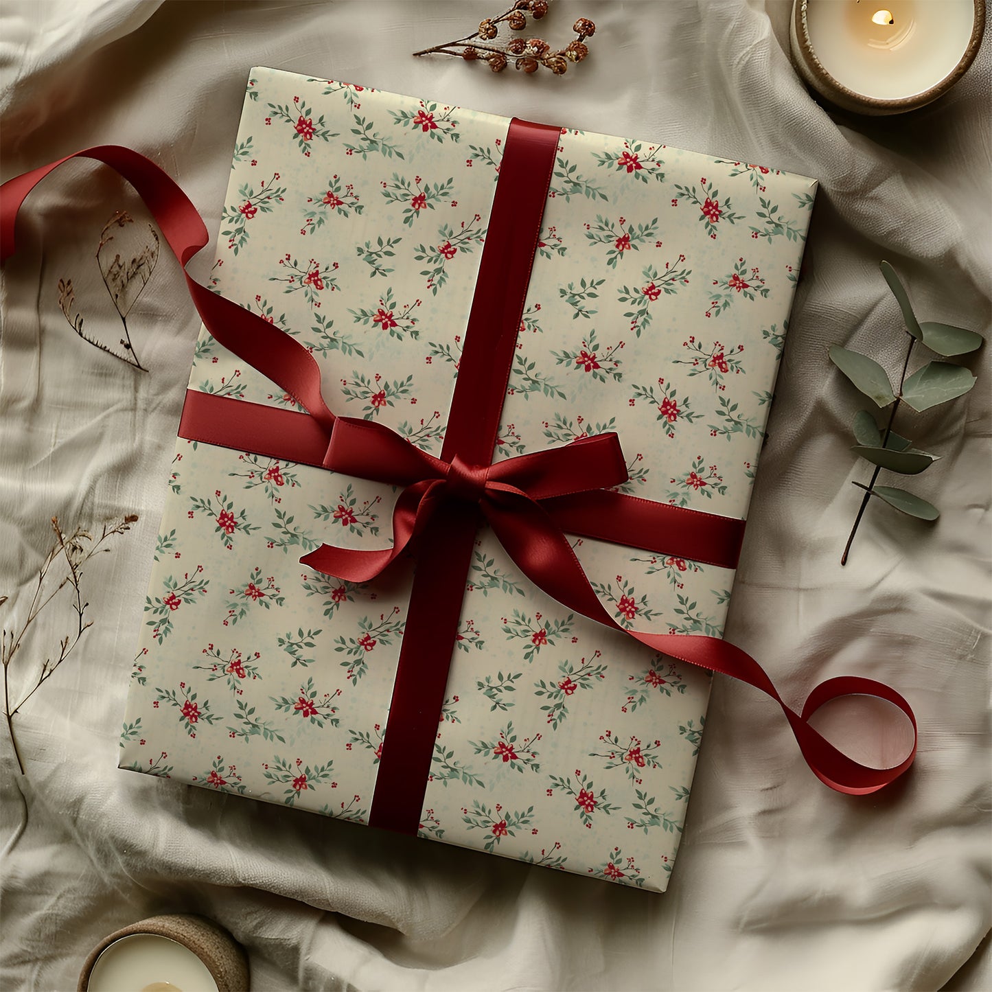 Red and Green Dainty Christmas Floral Gift Wrapping Paper Sheets