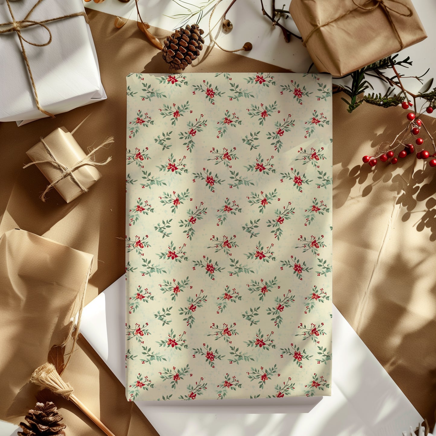 Red and Green Dainty Christmas Floral Gift Wrapping Paper Sheets