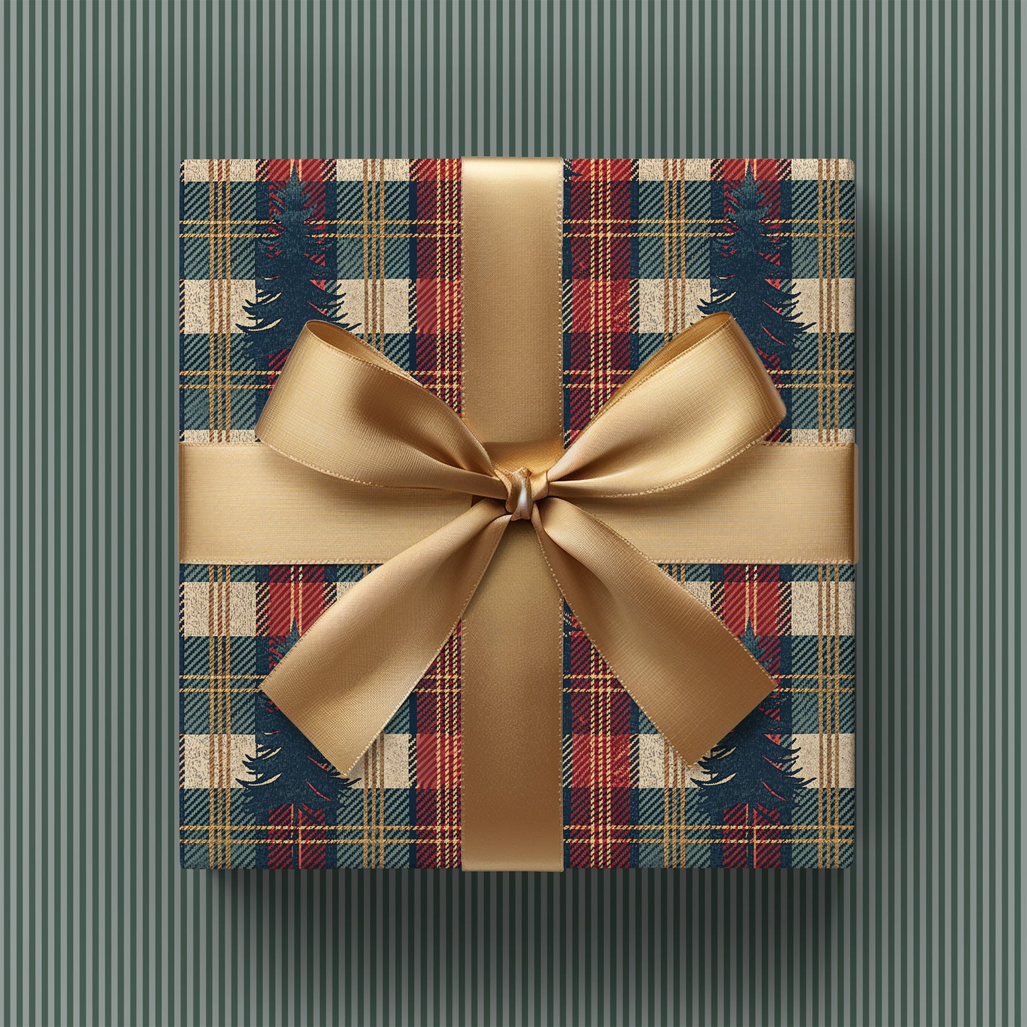 Cozy Rustic Plaid with Navy Fir Tree Gift Wrapping Paper Sheets