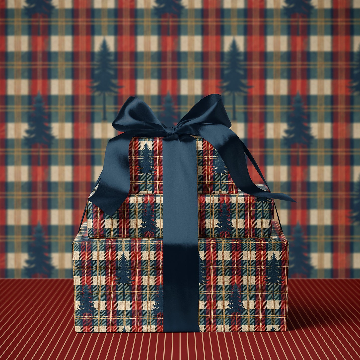 Cozy Rustic Plaid with Navy Fir Tree Gift Wrapping Paper Sheets