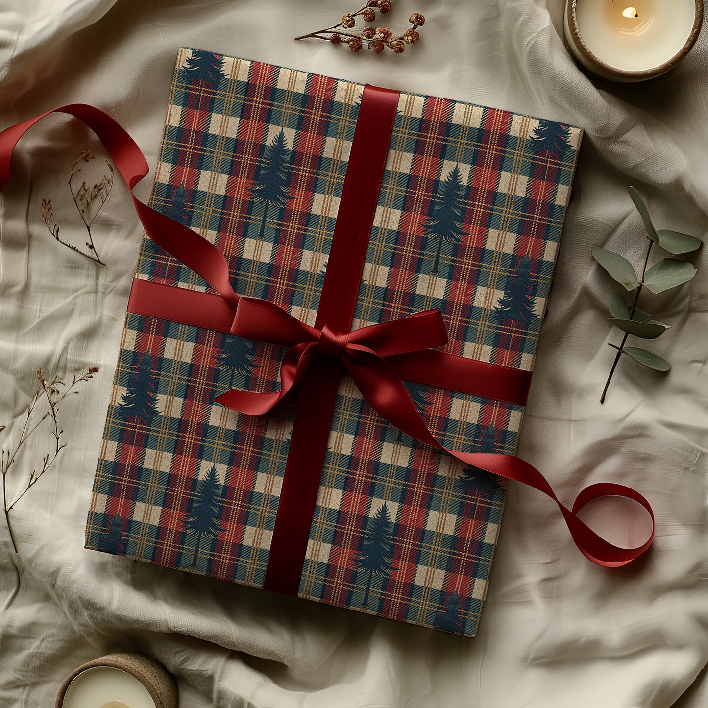 Cozy Rustic Plaid with Navy Fir Tree Gift Wrapping Paper Sheets