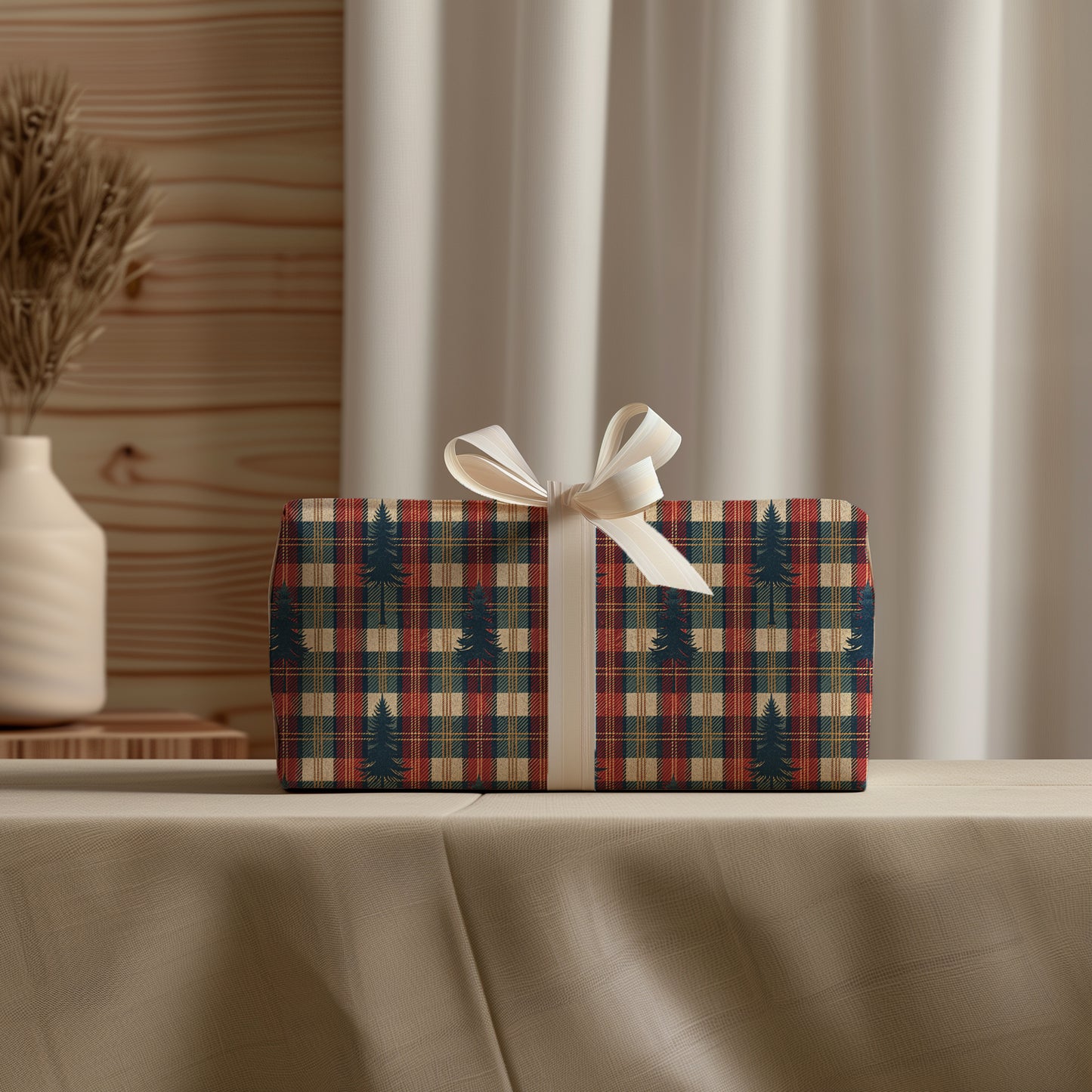 Cozy Rustic Plaid with Navy Fir Tree Gift Wrapping Paper Sheets