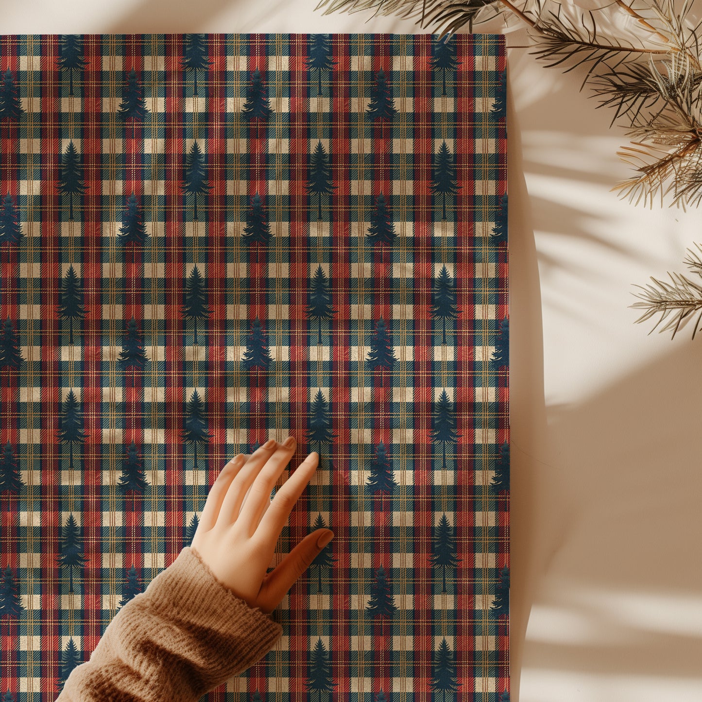 Cozy Rustic Plaid with Navy Fir Tree Gift Wrapping Paper Sheets