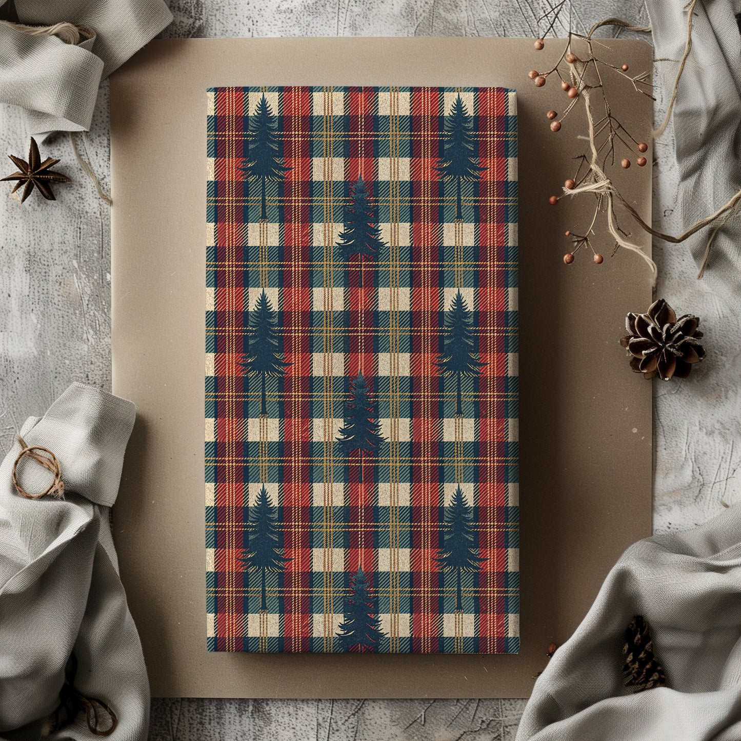 Cozy Rustic Plaid with Navy Fir Tree Gift Wrapping Paper Sheets