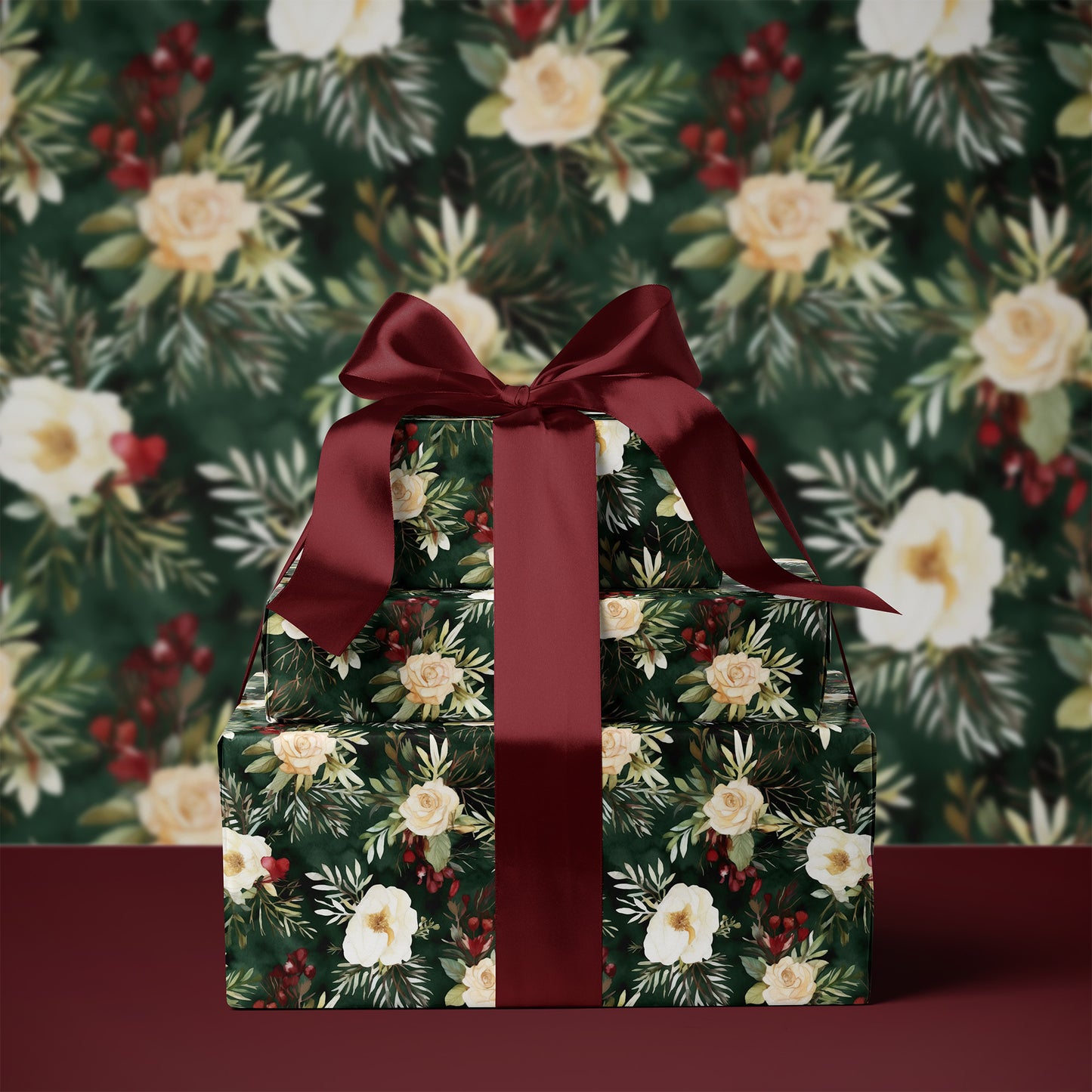 Winter Flowers and Red Berries Holiday Gift Wrapping Paper Sheets