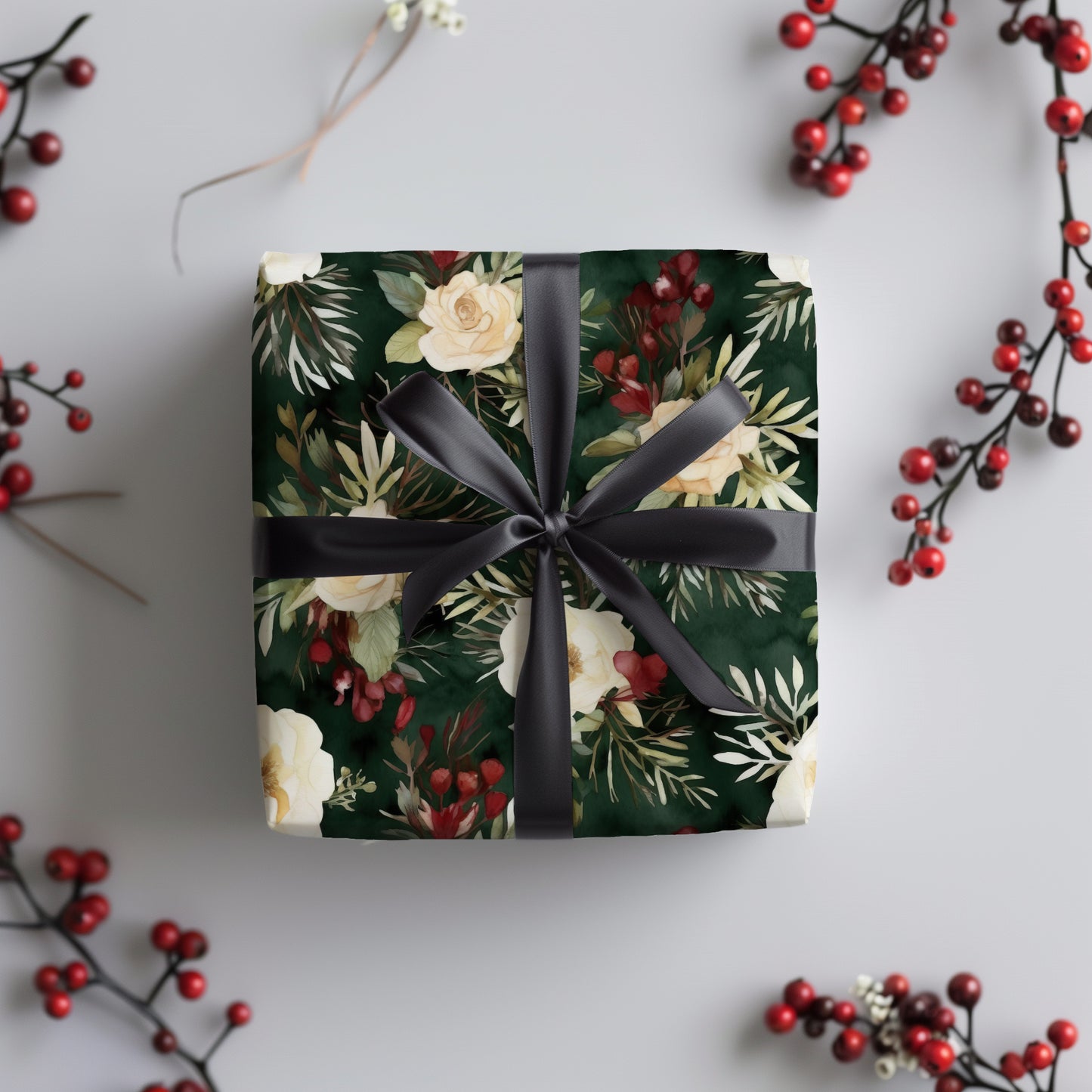 Winter Flowers and Red Berries Holiday Gift Wrapping Paper Sheets