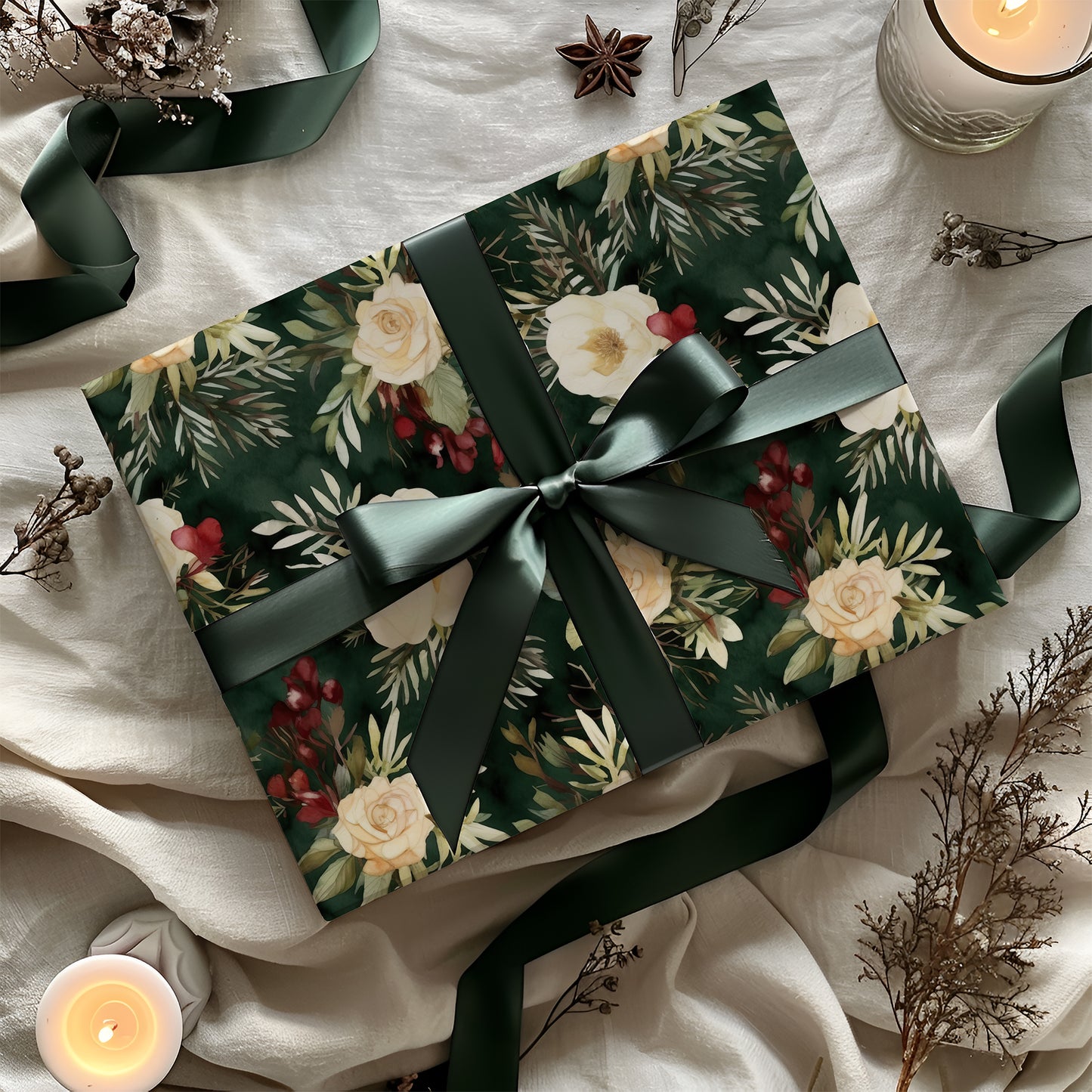 Winter Flowers and Red Berries Holiday Gift Wrapping Paper Sheets