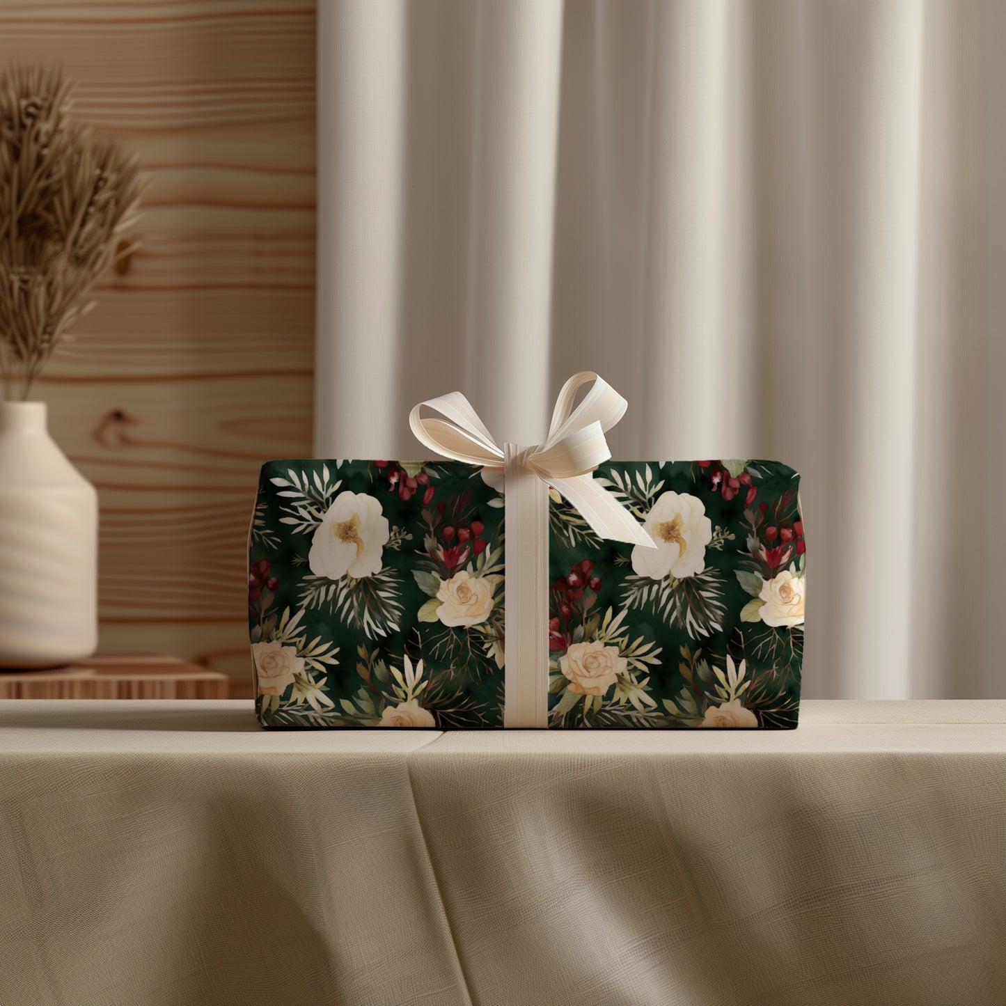 Winter Flowers and Red Berries Holiday Gift Wrapping Paper Sheets