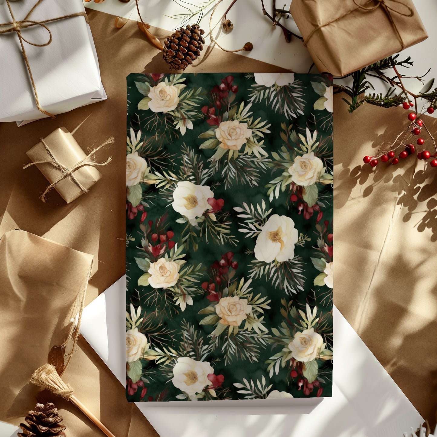 Winter Flowers and Red Berries Holiday Gift Wrapping Paper Sheets