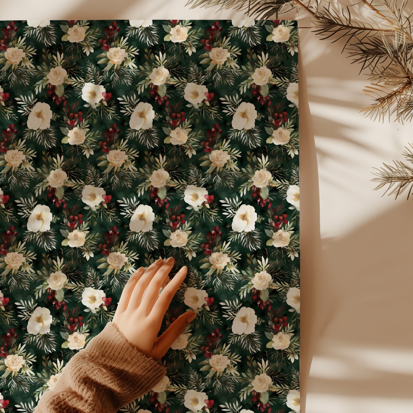 Winter Flowers and Red Berries Holiday Gift Wrapping Paper Sheets