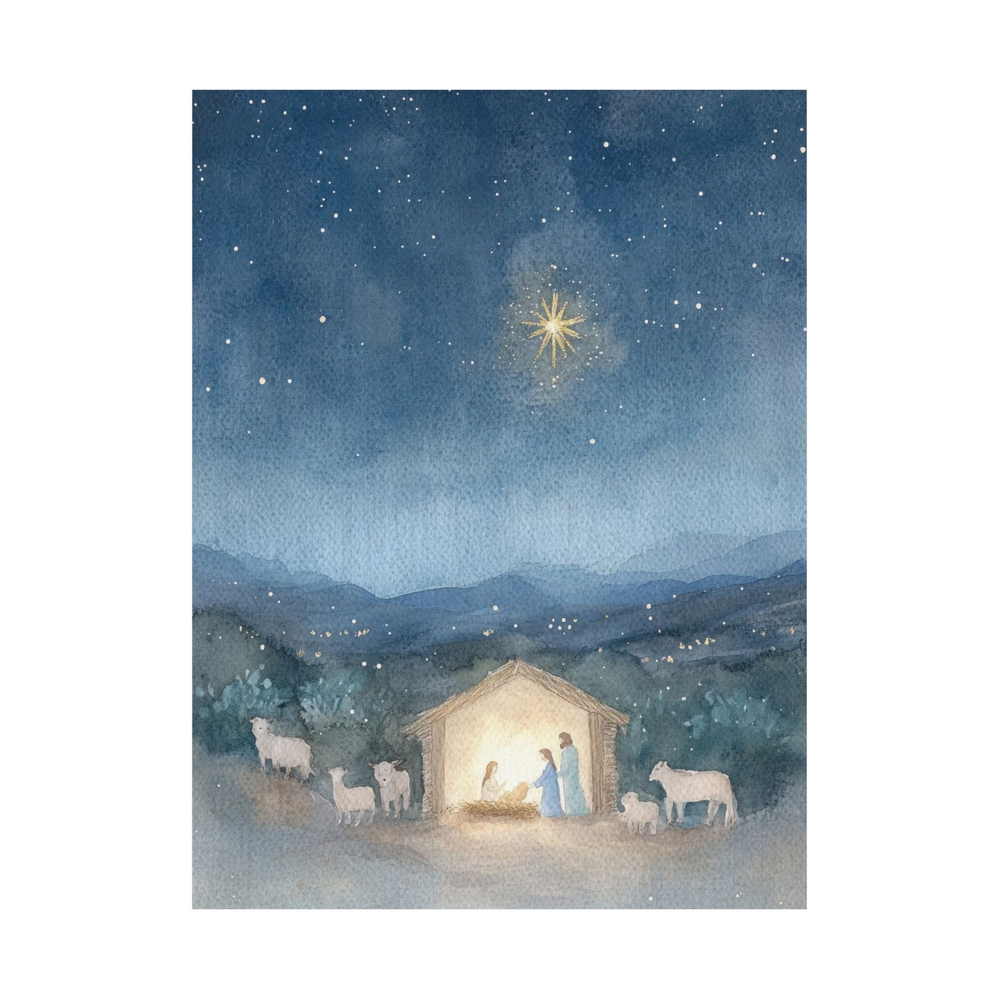 Holiday Manger Scene with North Star Matte Vertical Poster Art Print