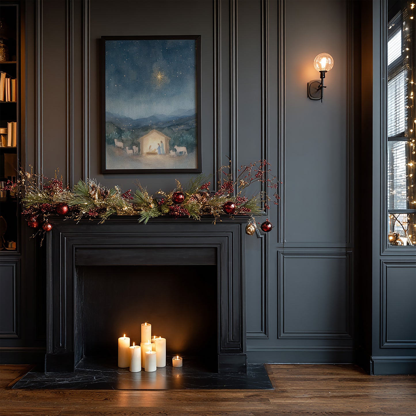 Holiday Manger Scene with North Star Matte Vertical Poster Art Print