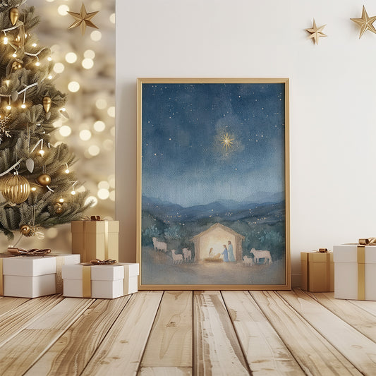 Holiday Manger Scene with North Star Matte Vertical Poster Art Print