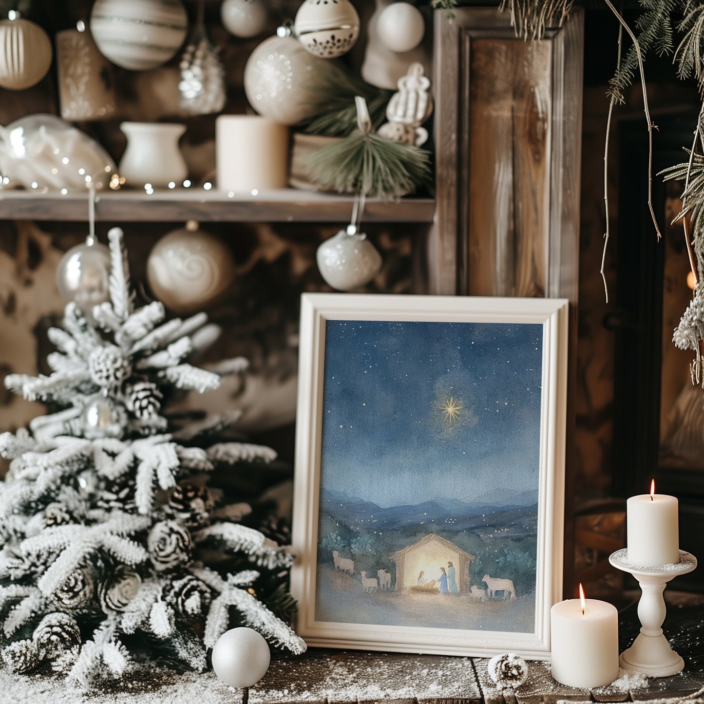 Holiday Manger Scene with North Star Matte Vertical Poster Art Print