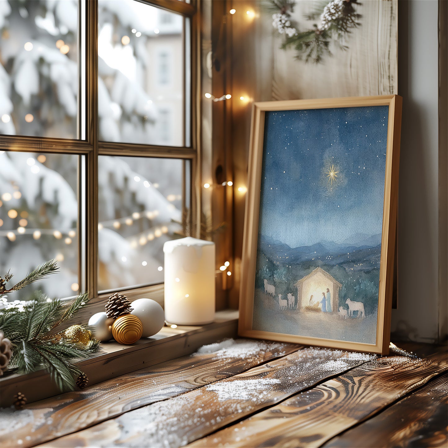 Holiday Manger Scene with North Star Matte Vertical Poster Art Print