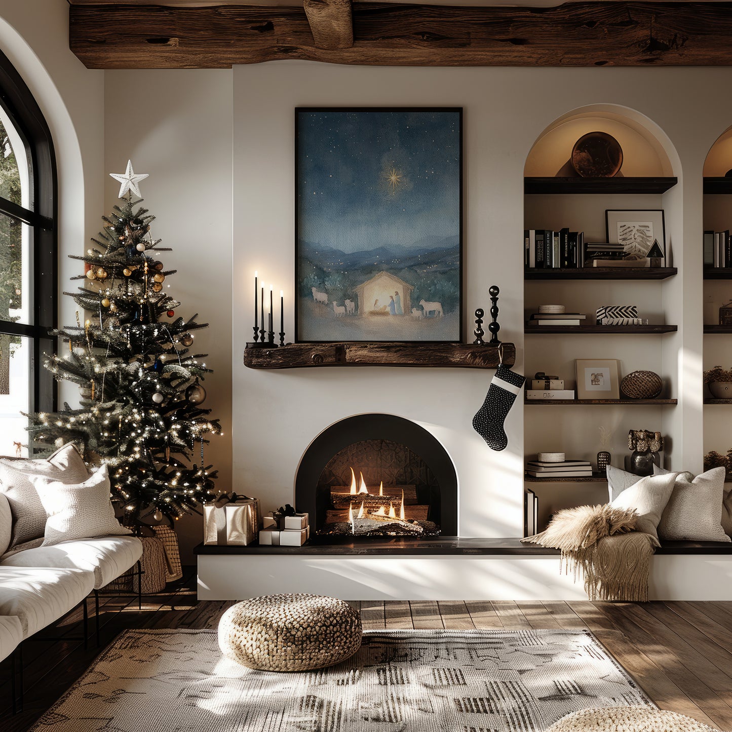 Holiday Manger Scene with North Star Matte Vertical Poster Art Print