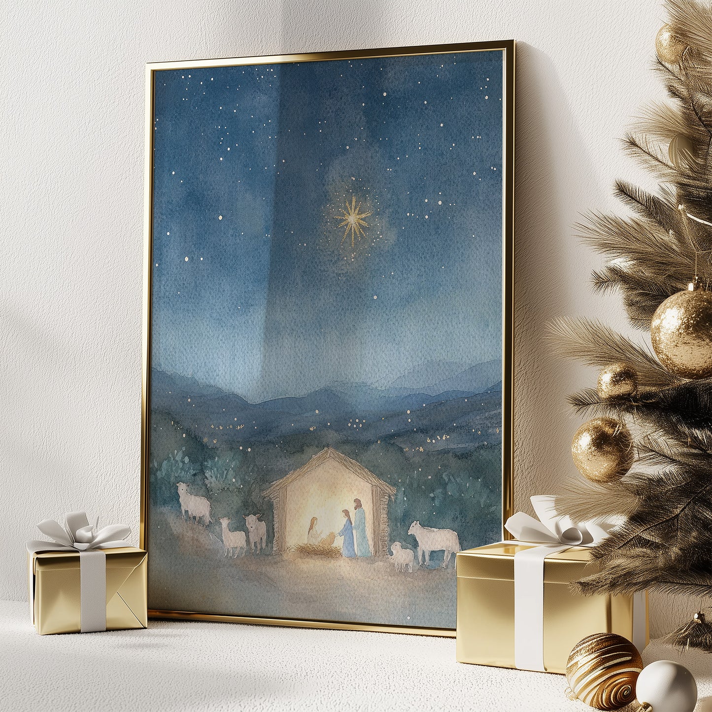 Holiday Manger Scene with North Star Matte Vertical Poster Art Print