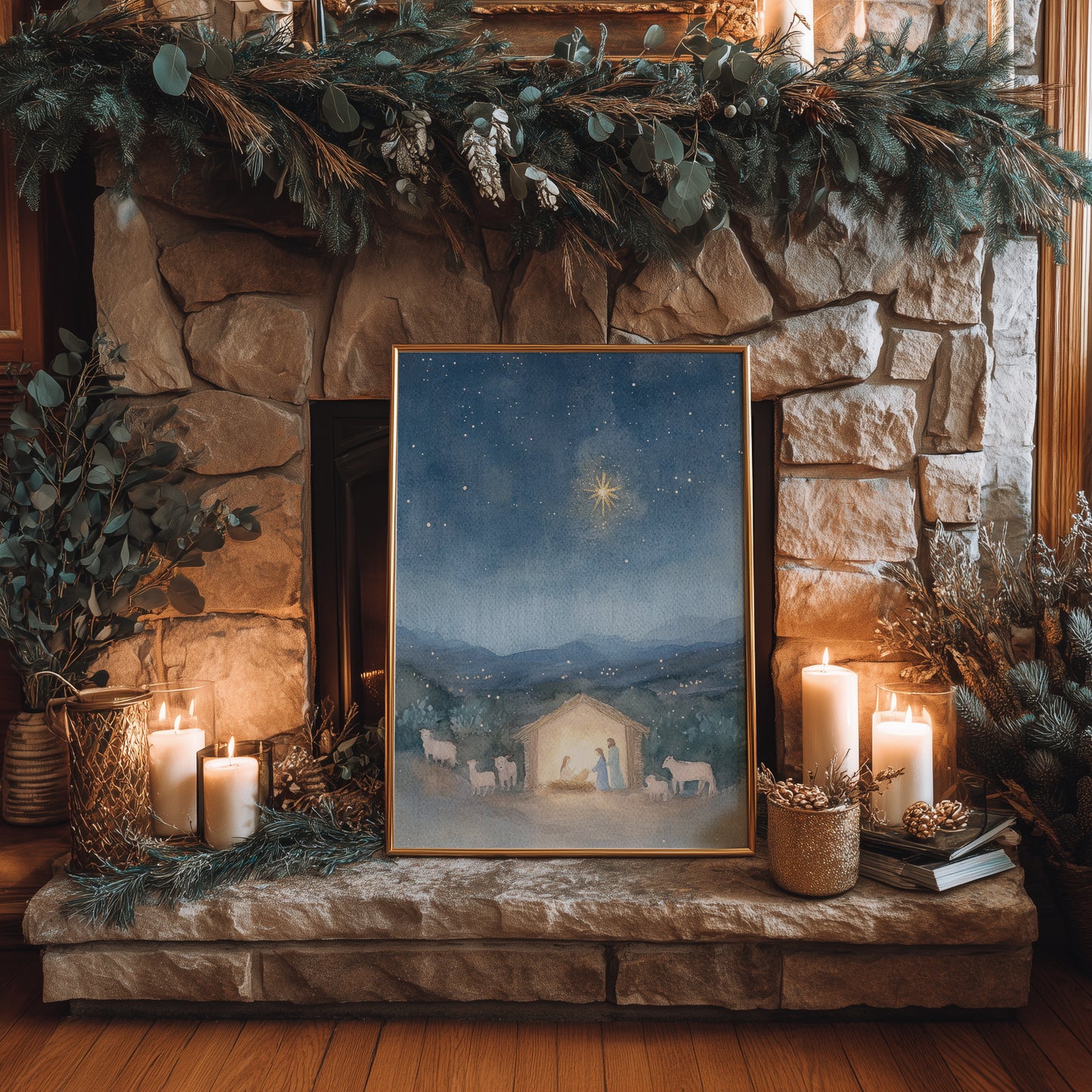 Holiday Manger Scene with North Star Matte Vertical Poster Art Print
