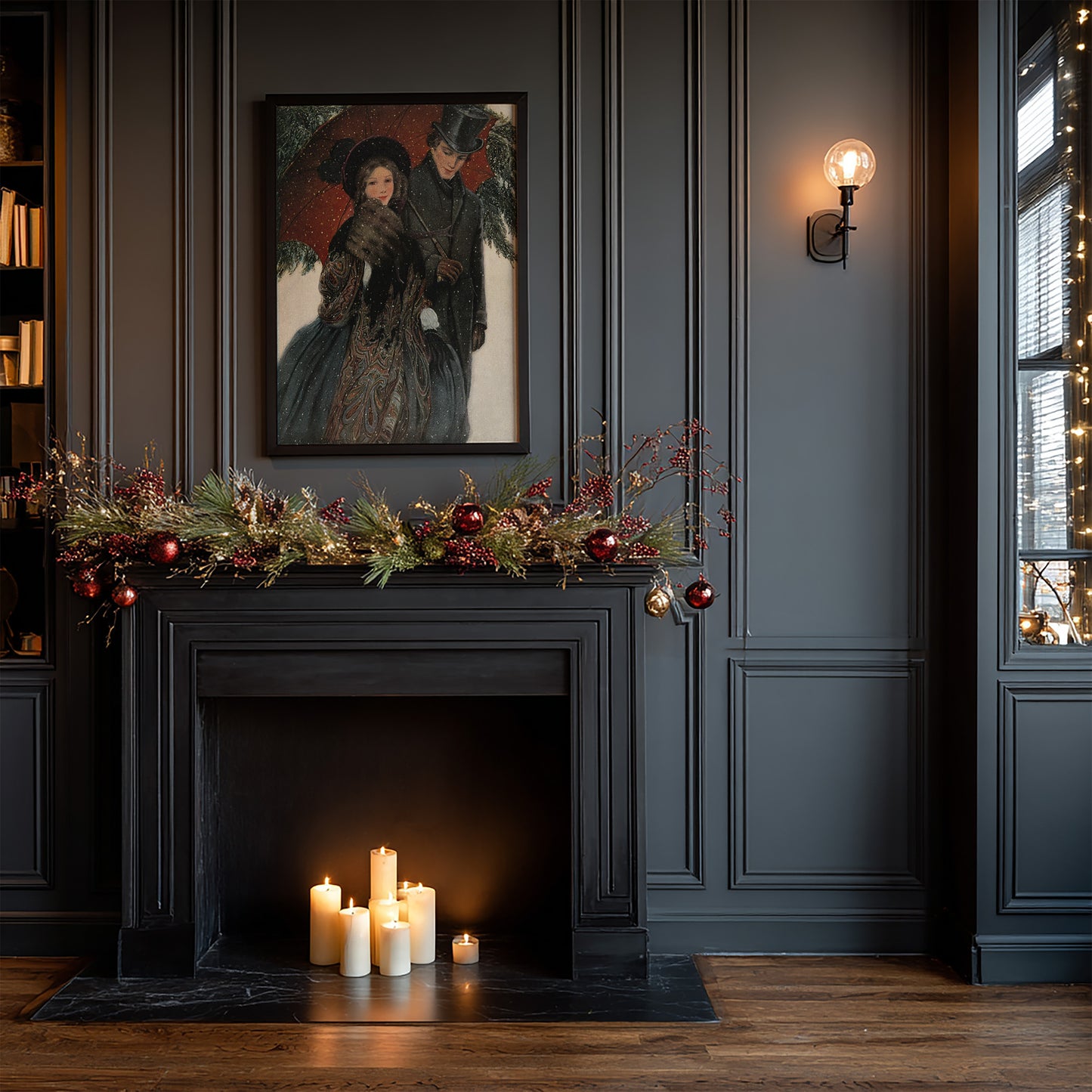 Victorian Christmas Couple Winter Scene Matte Vertical Poster Art Print