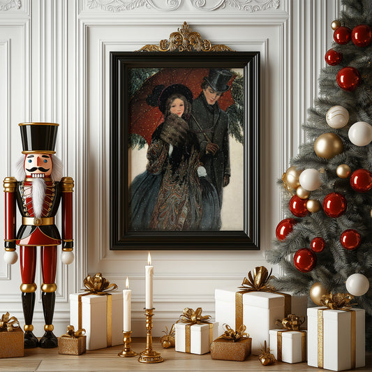 Victorian Christmas Couple Winter Scene Matte Vertical Poster Art Print