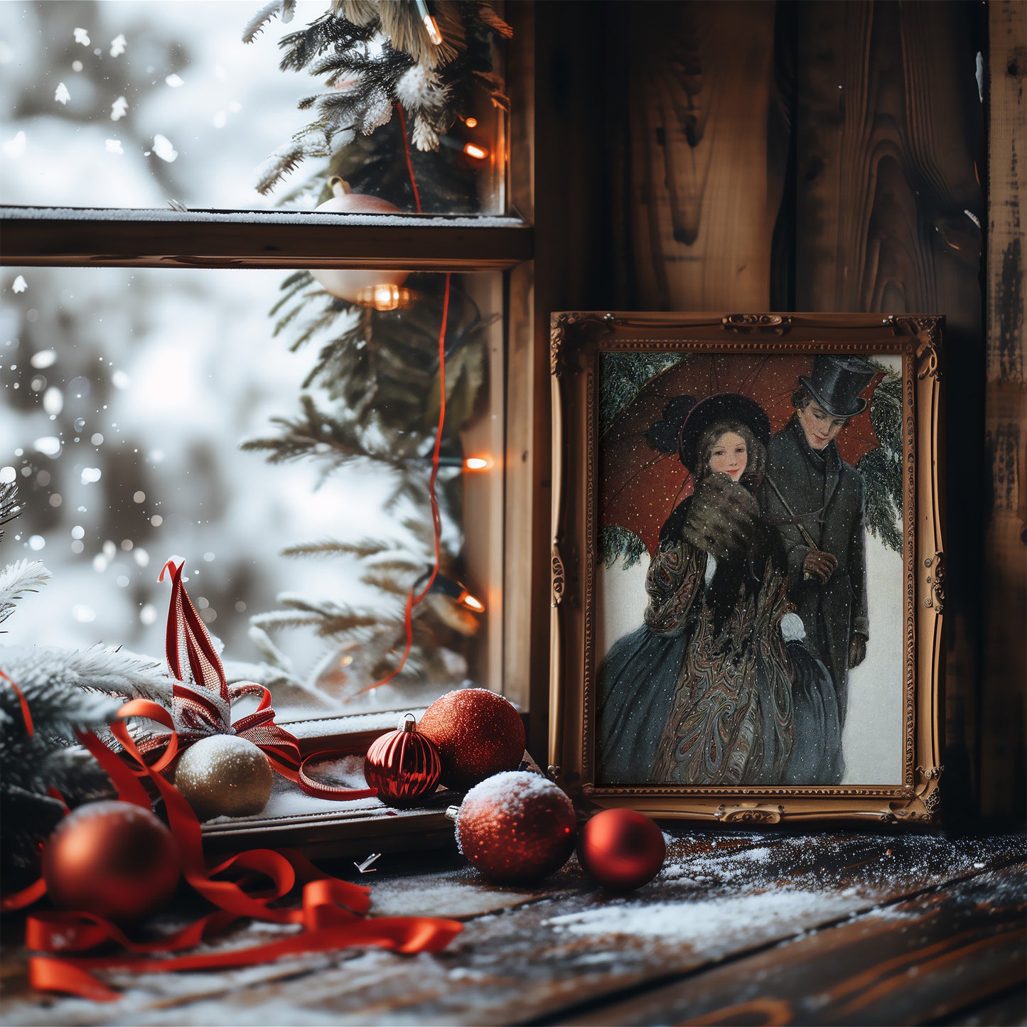 Victorian Christmas Couple Winter Scene Matte Vertical Poster Art Print