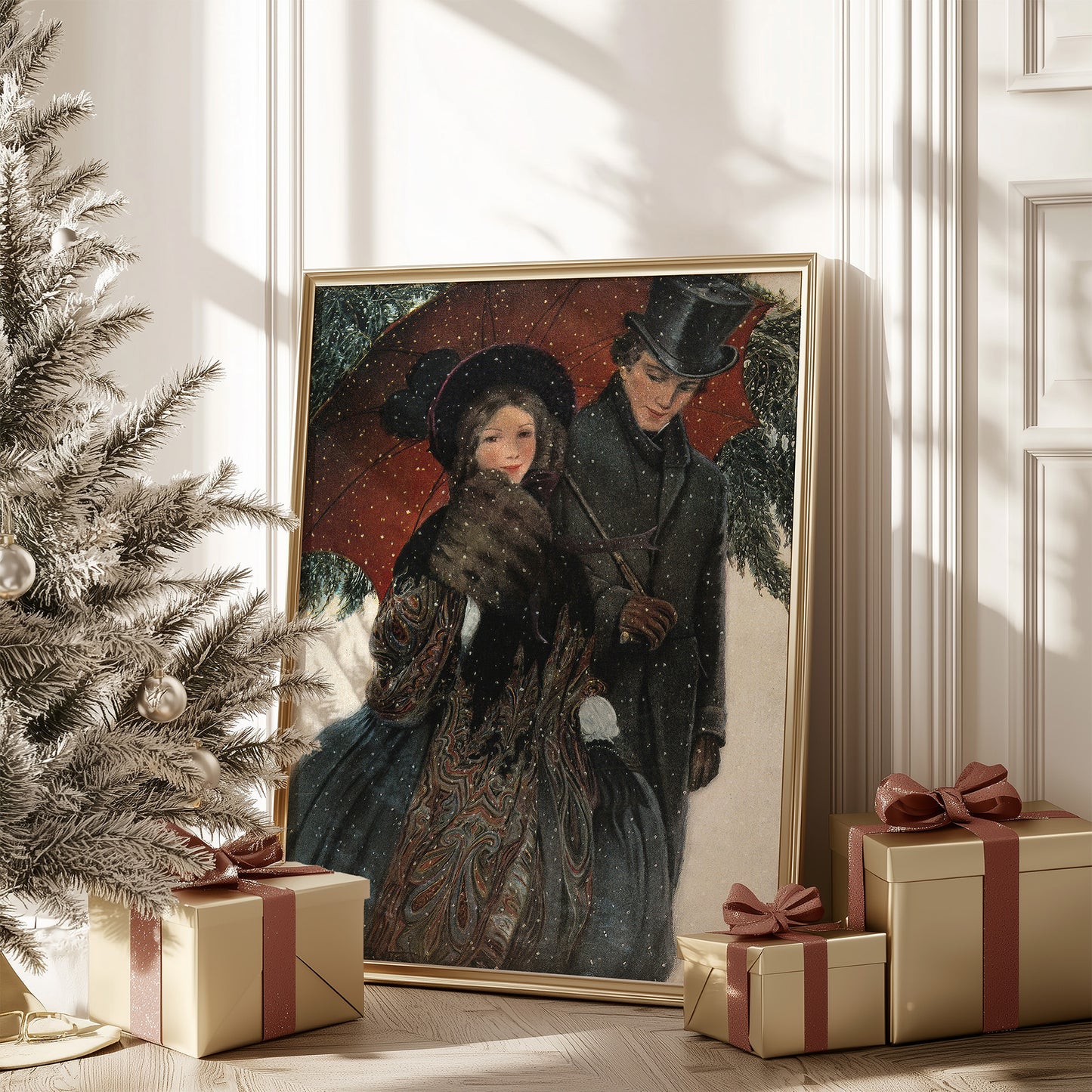 Victorian Christmas Couple Winter Scene Matte Vertical Poster Art Print